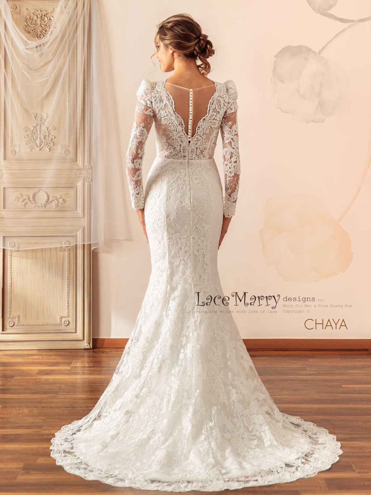 CHAYA / Sparkling Lace Wedding Dress with Puff Shoulder Long Sleeves