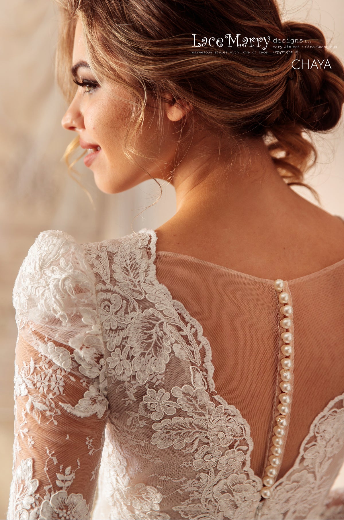 CHAYA / Sparkling Lace Wedding Dress with Puff Shoulder Long Sleeves