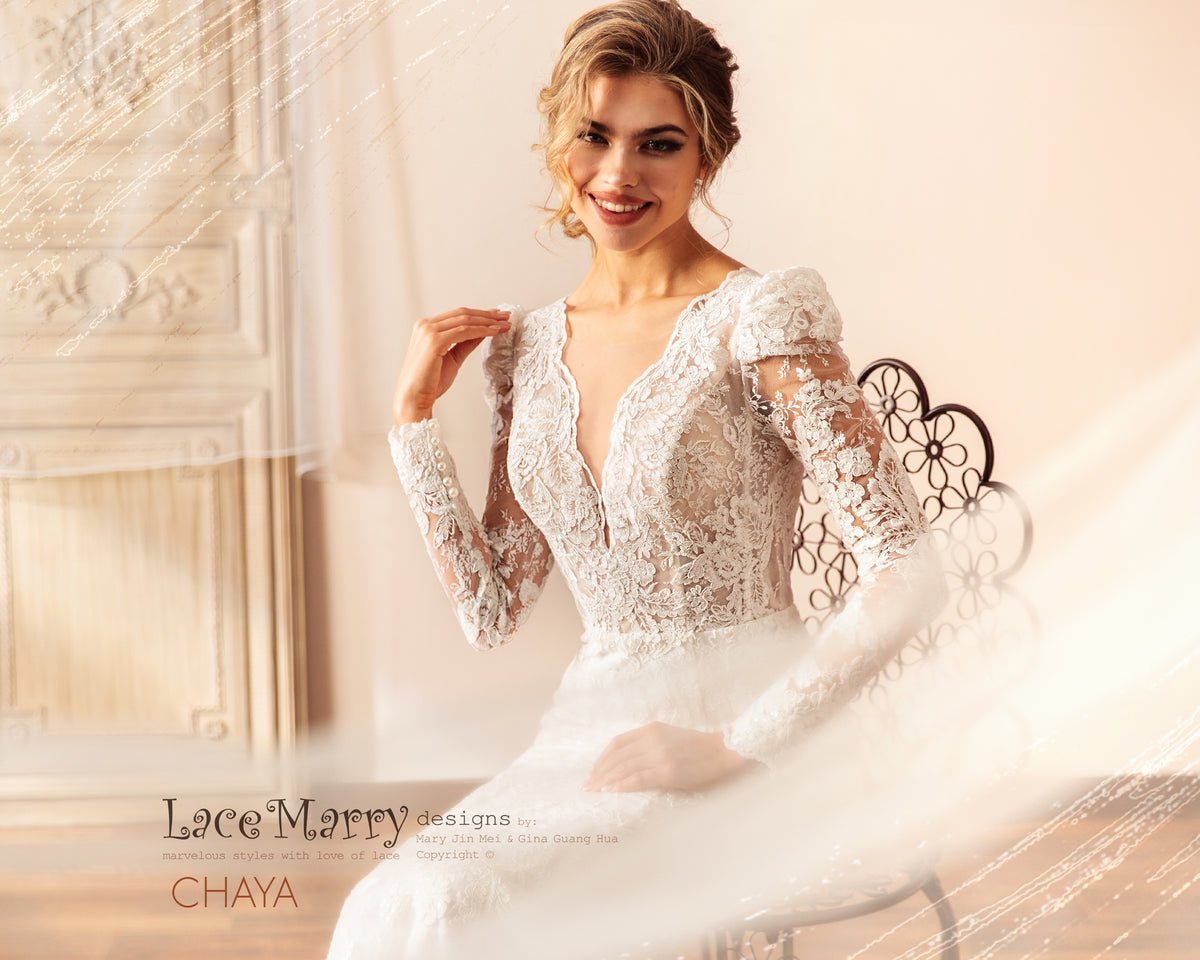 CHAYA / Sparkling Lace Wedding Dress with Puff Shoulder Long Sleeves