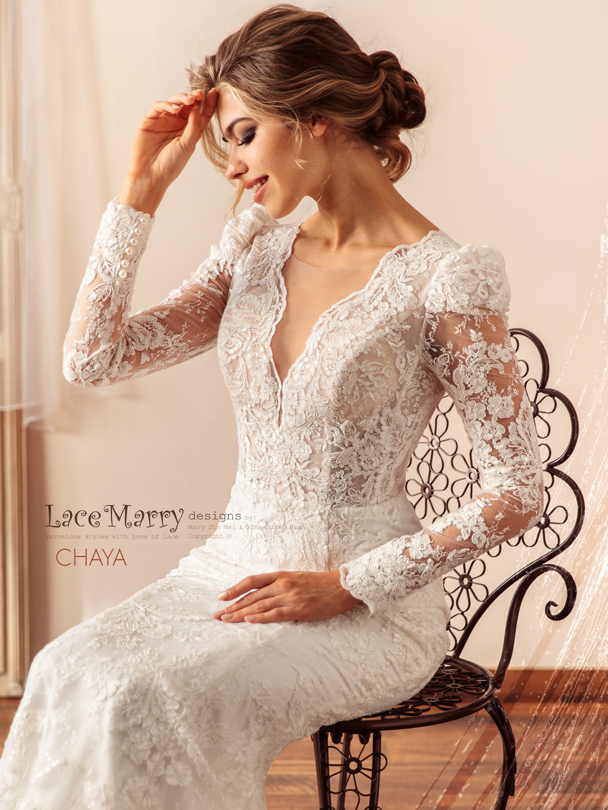 CHAYA / Sparkling Lace Wedding Dress with Puff Shoulder Long Sleeves