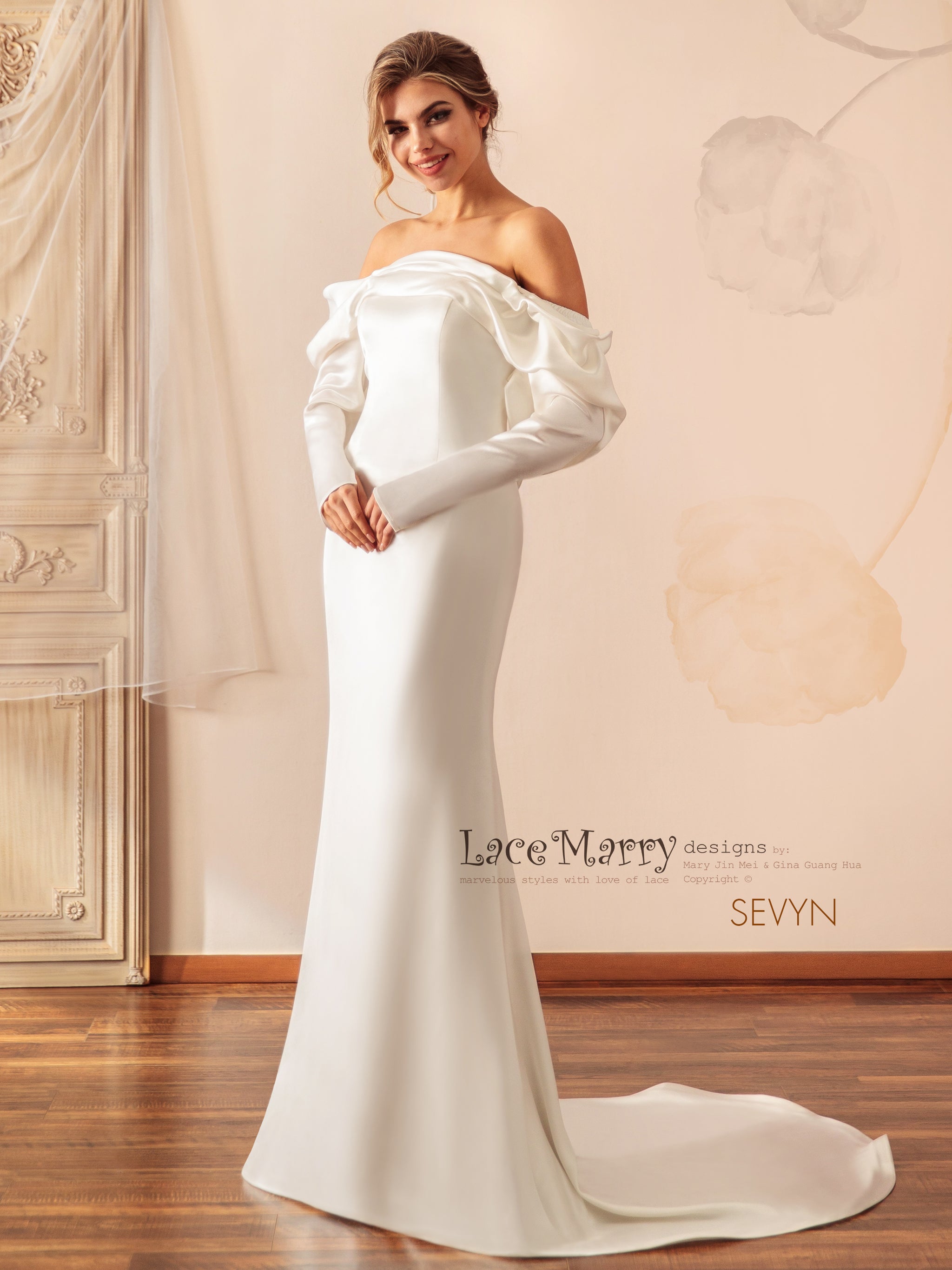 Wedding Dress Slimming Formal Dresses With Sleeves SEVYN Plain Wedding Dress With Off The Shoulder Long Wedding Dress Slimming Formal Dresses With Sleeves SEVYN Plain Wedding Dress With Off The Shoulder Long