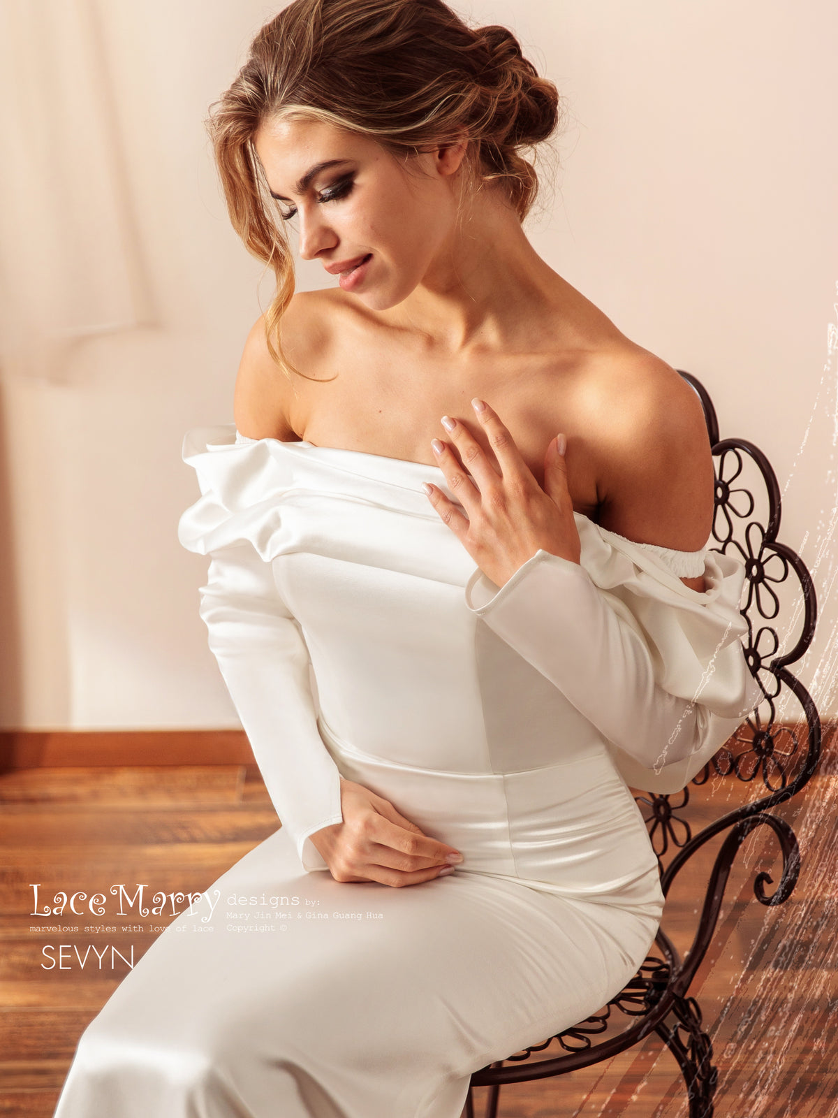 SEVYN / Plain Wedding Dress with Off The Shoulder Long Sleeves