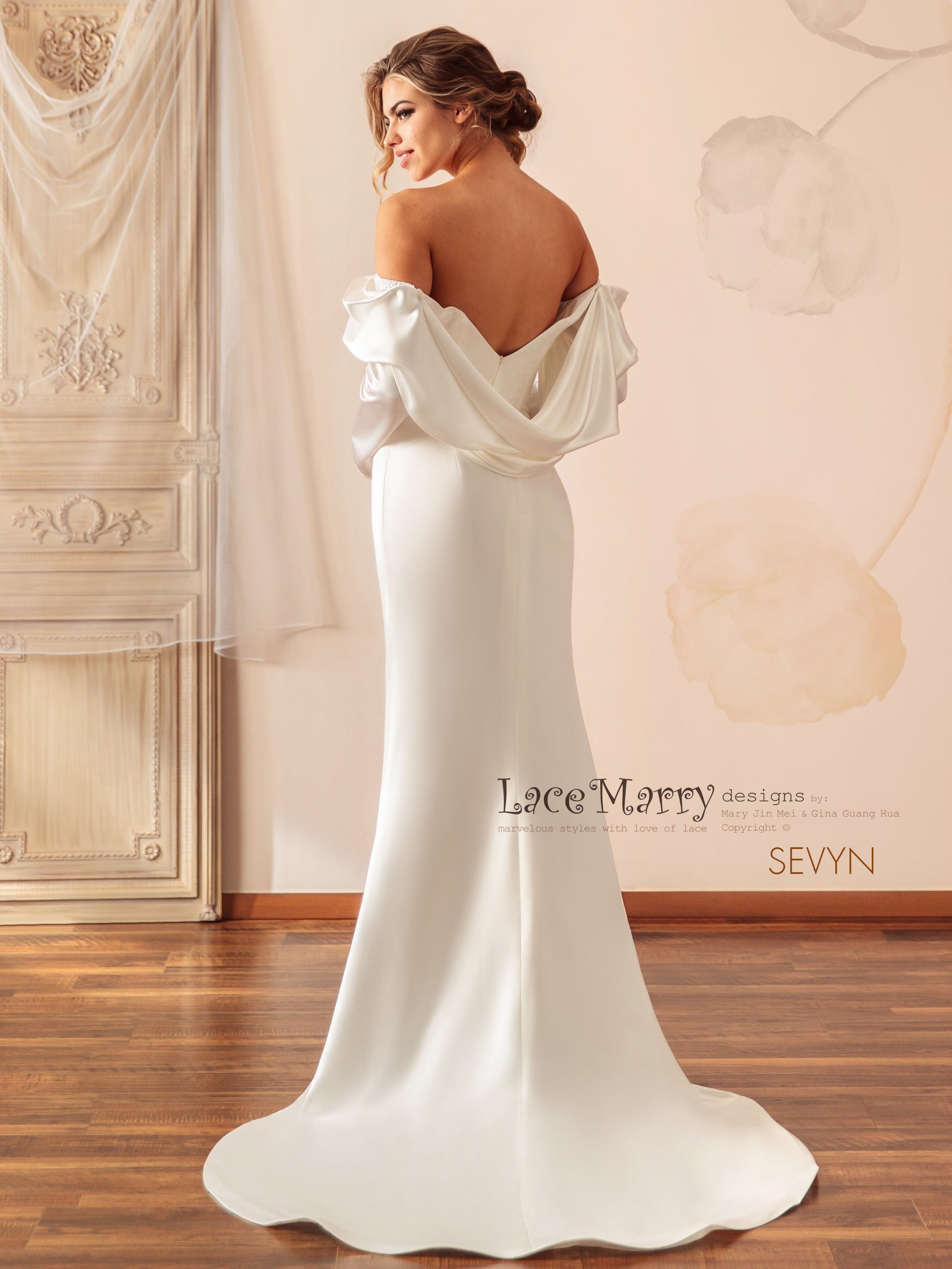 SEVYN / Plain Wedding Dress with Off The Shoulder Long Sleeves - LaceMarry SEVYN / Plain Wedding Dress with Off The Shoulder Long Sleeves - LaceMarry