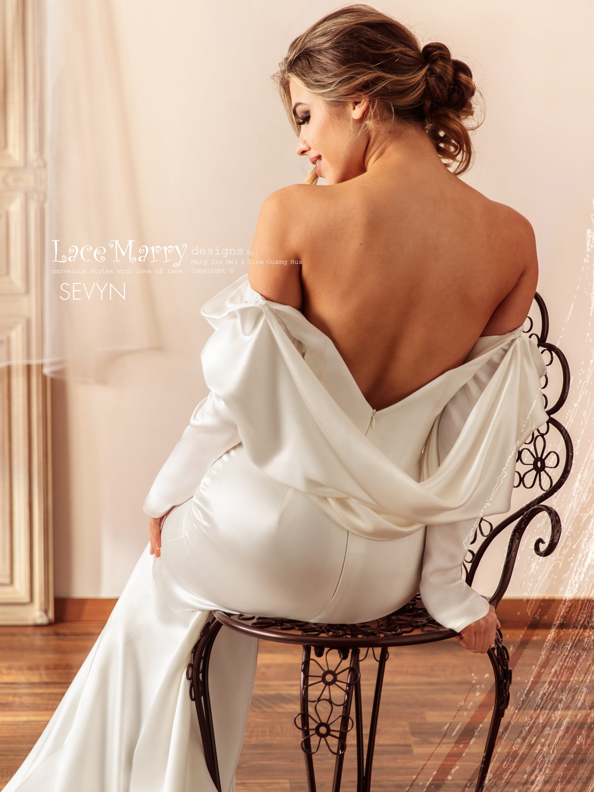 SEVYN / Plain Wedding Dress with Off The Shoulder Long Sleeves - LaceMarry SEVYN / Plain Wedding Dress with Off The Shoulder Long Sleeves - LaceMarry