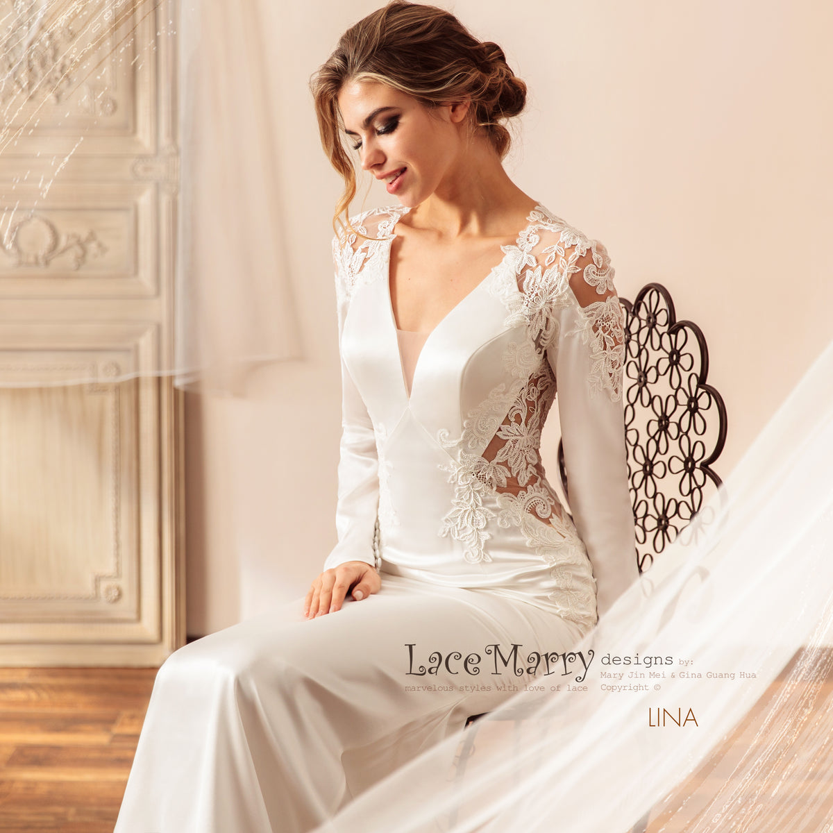 LINA / Plain Wedding Dress with Feminine Cut-out Bodice - LaceMarry LINA / Plain Wedding Dress with Feminine Cut-out Bodice - LaceMarry