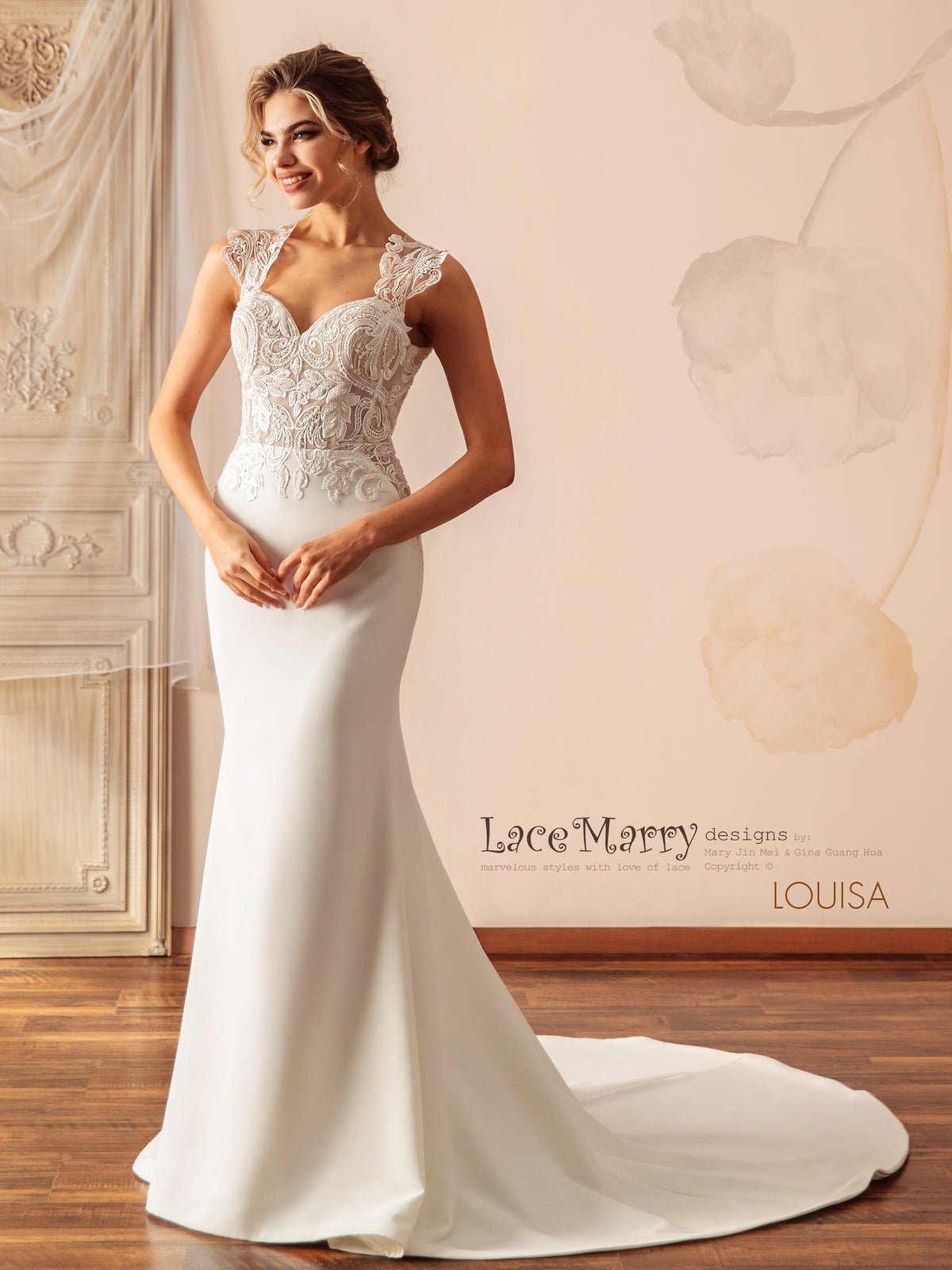 LOUISA / Plain Skirt Wedding Dress with Beaded Lacy Bodice