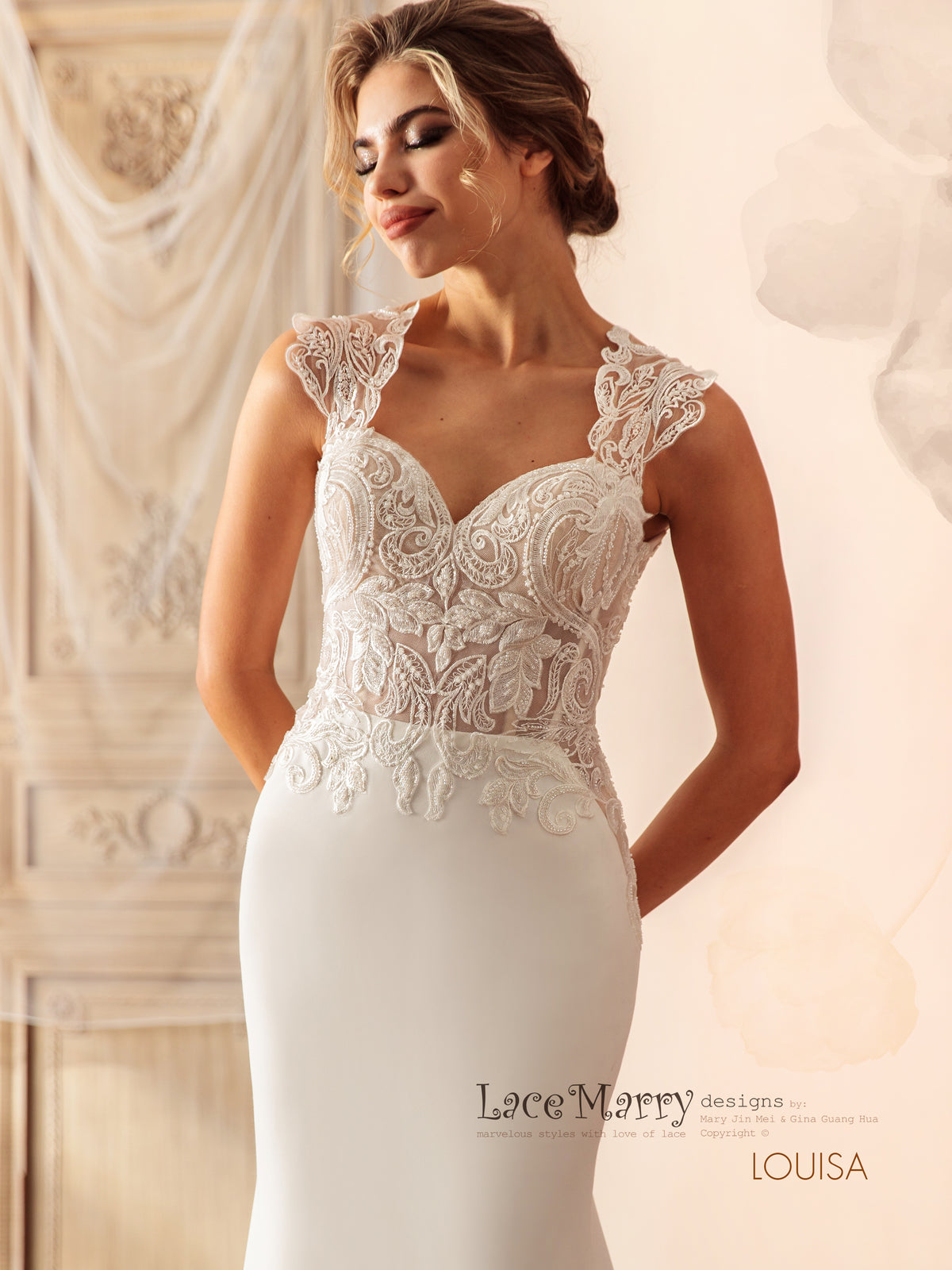 LOUISA / Plain Skirt Wedding Dress with Beaded Lacy Bodice