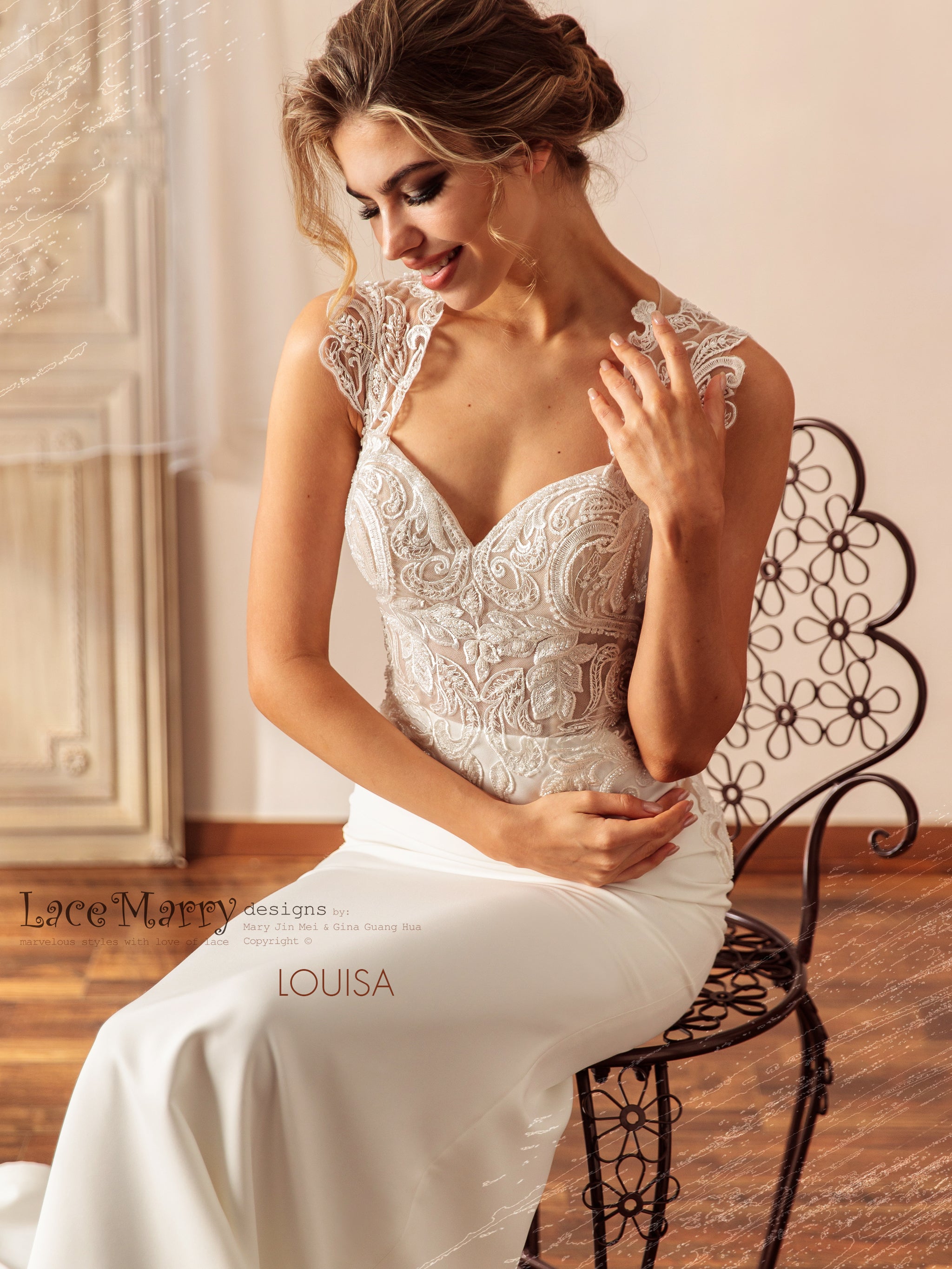 LOUISA / Plain Skirt Wedding Dress with Beaded Lacy Bodice - LaceMarry LOUISA / Plain Skirt Wedding Dress with Beaded Lacy Bodice - LaceMarry