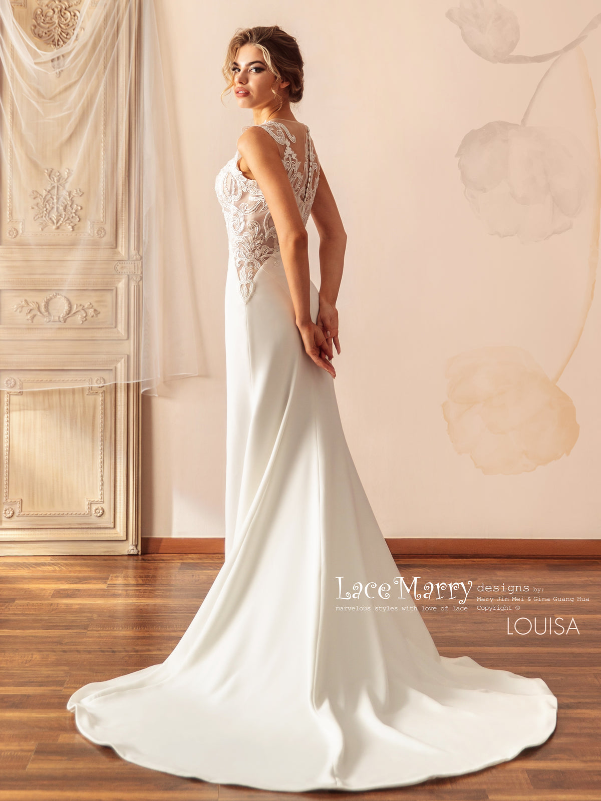 LOUISA / Plain Skirt Wedding Dress with Beaded Lacy Bodice