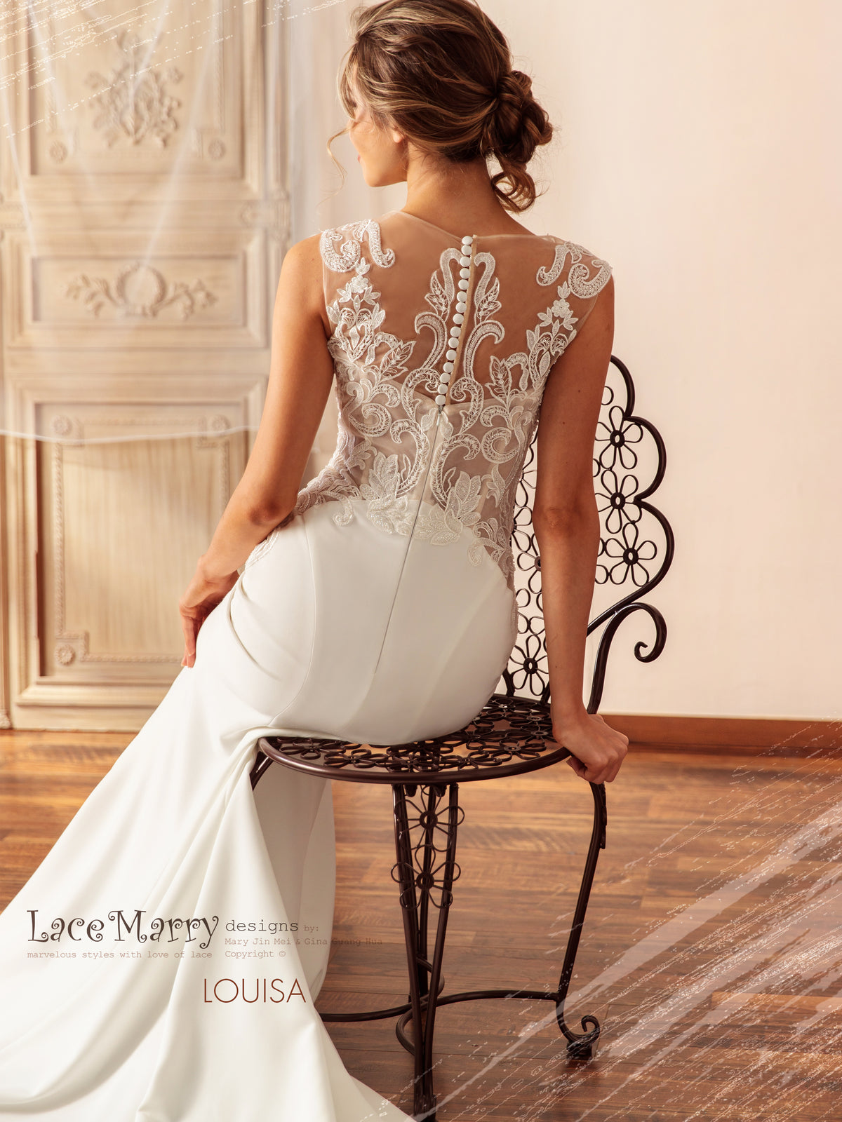 LOUISA / Plain Skirt Wedding Dress with Beaded Lacy Bodice