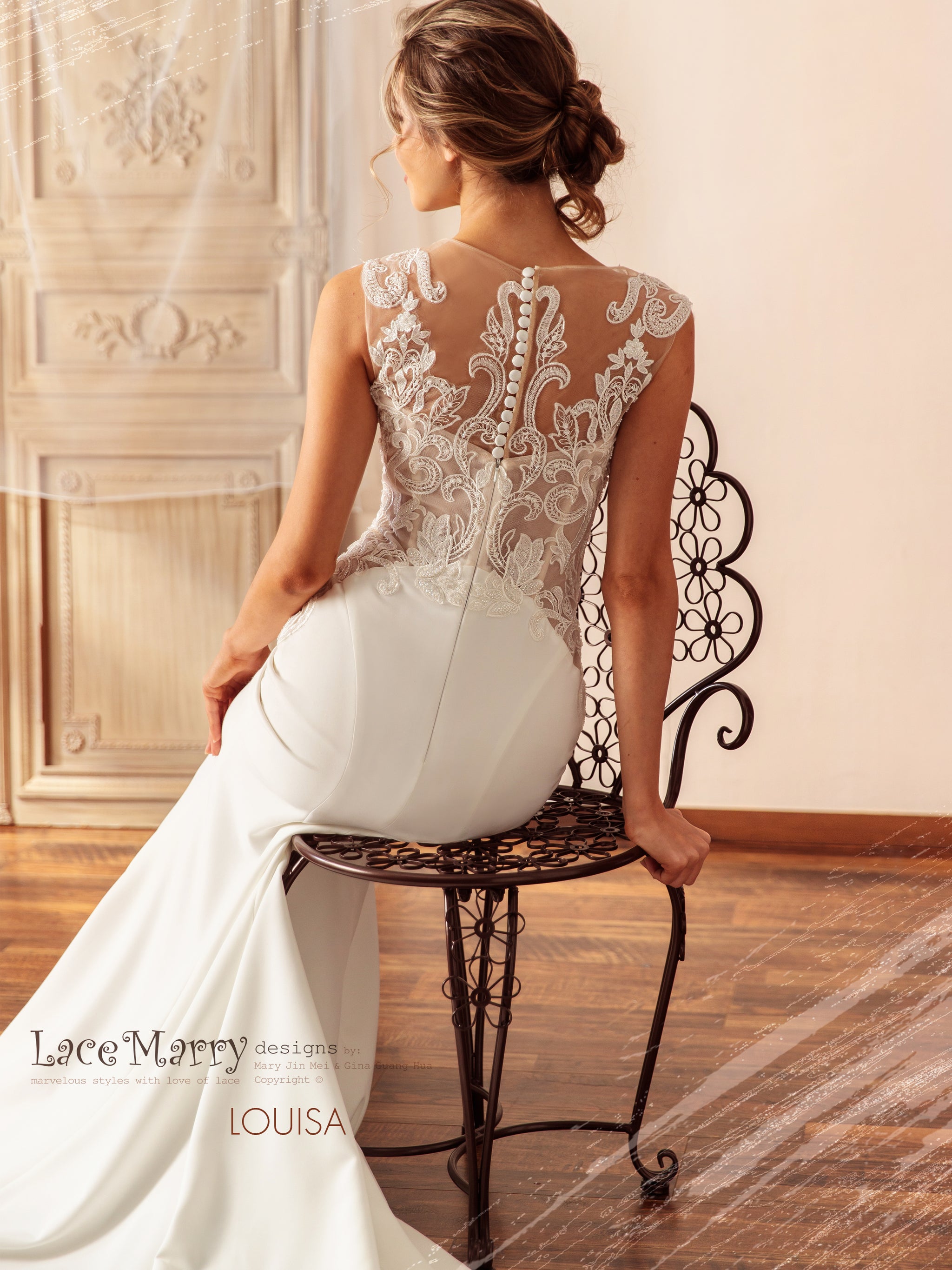 LOUISA / Plain Skirt Wedding Dress with Beaded Lacy Bodice - LaceMarry LOUISA / Plain Skirt Wedding Dress with Beaded Lacy Bodice - LaceMarry