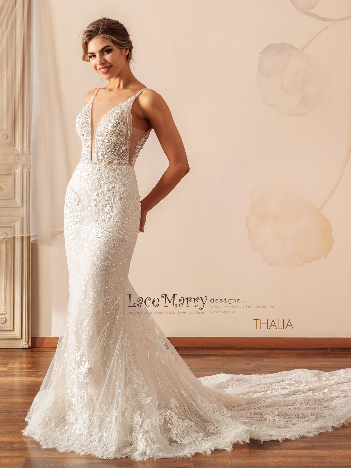THALIA / Fitted Sparkling Wedding Dress with Deep Plunge - LaceMarry THALIA / Fitted Sparkling Wedding Dress with Deep Plunge - LaceMarry
