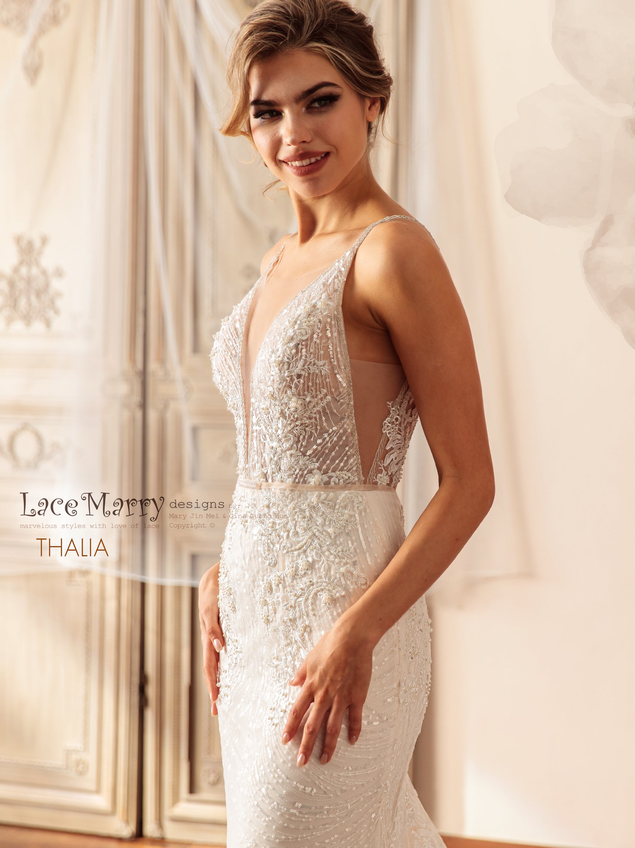 THALIA / Fitted Sparkling Wedding Dress with Deep Plunge - LaceMarry