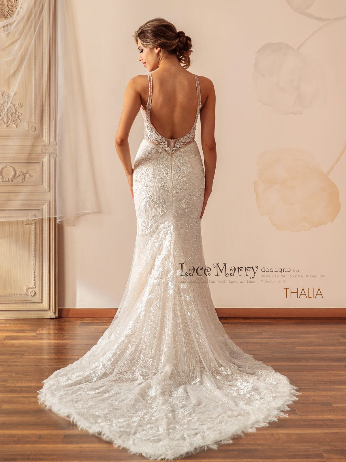 THALIA / Fitted Sparkling Wedding Dress with Deep Plunge - LaceMarry THALIA / Fitted Sparkling Wedding Dress with Deep Plunge - LaceMarry