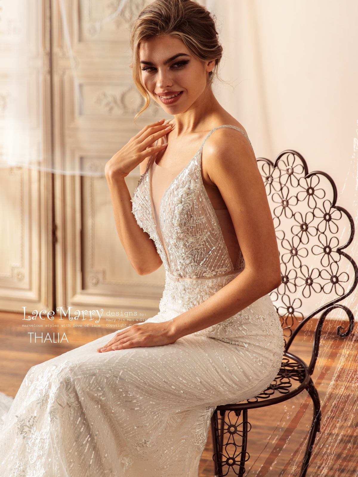 THALIA / Fitted Sparkling Wedding Dress with Deep Plunge