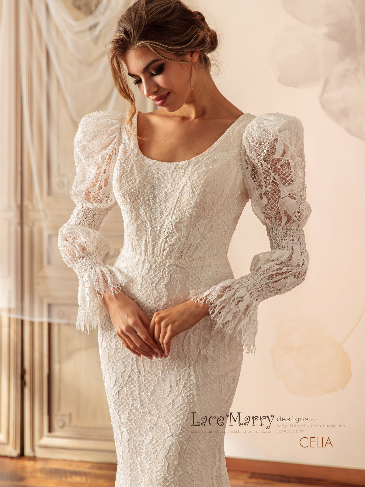 CELIA / Unique Lace Wedding Dress with Long Puff Sleeves