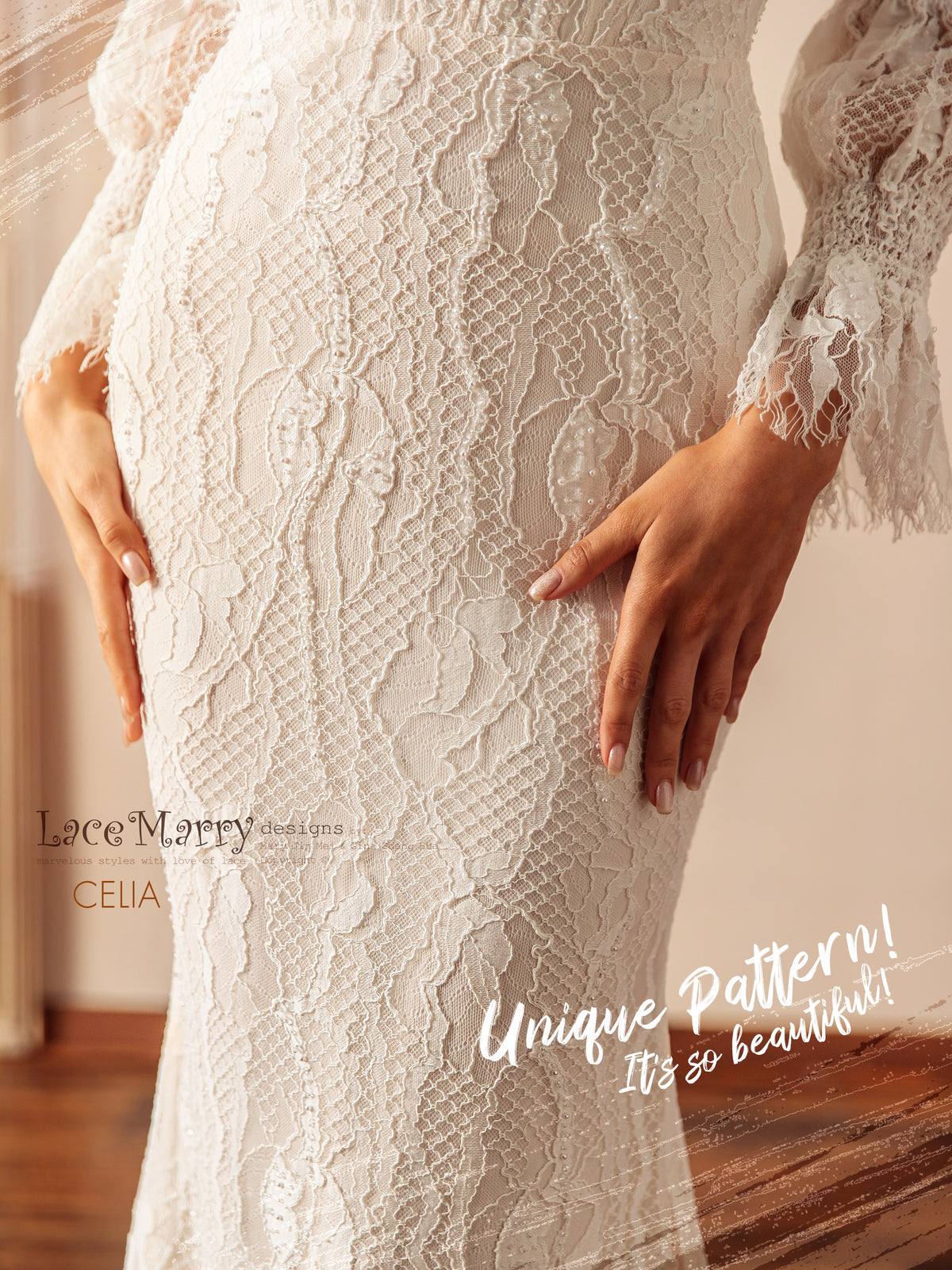 CELIA / Unique Lace Wedding Dress with Long Puff Sleeves