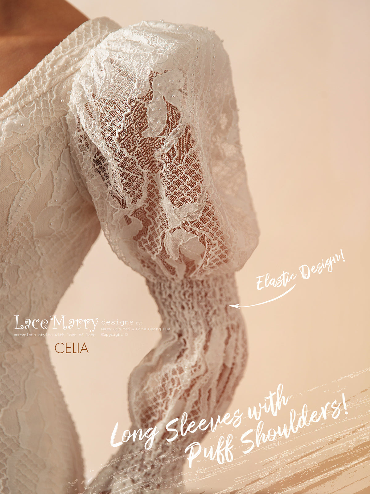 CELIA / Unique Lace Wedding Dress with Long Puff Sleeves