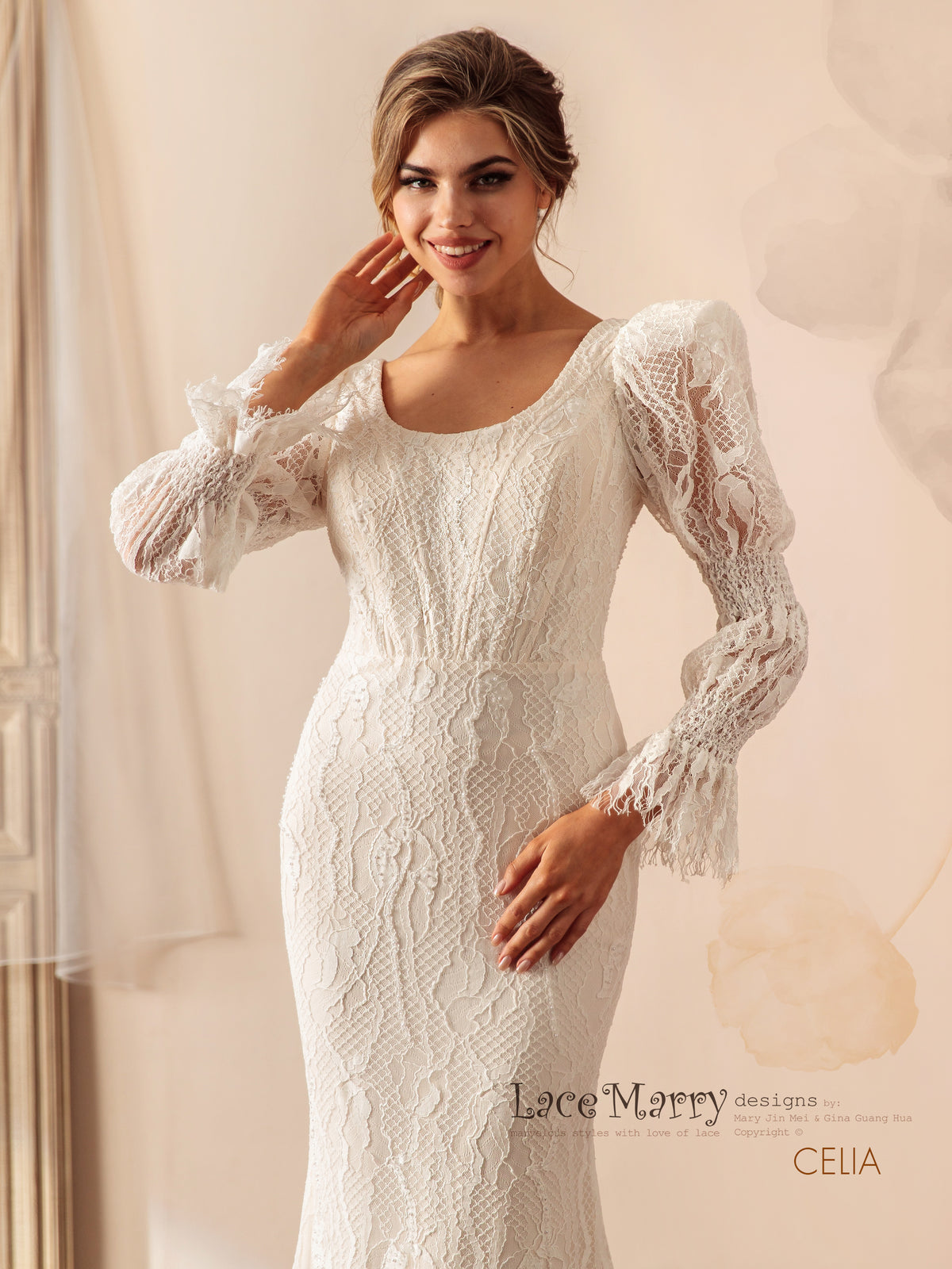 CELIA / Unique Lace Wedding Dress with Long Puff Sleeves