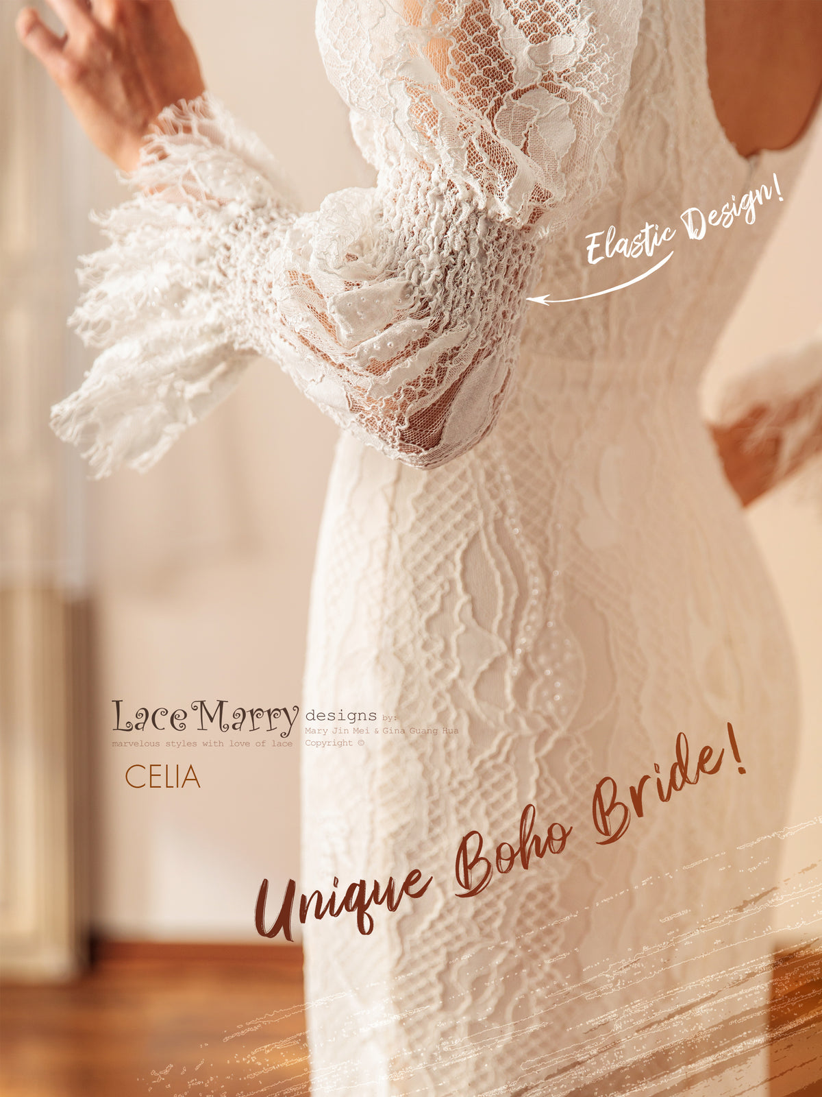 CELIA / Unique Lace Wedding Dress with Long Puff Sleeves