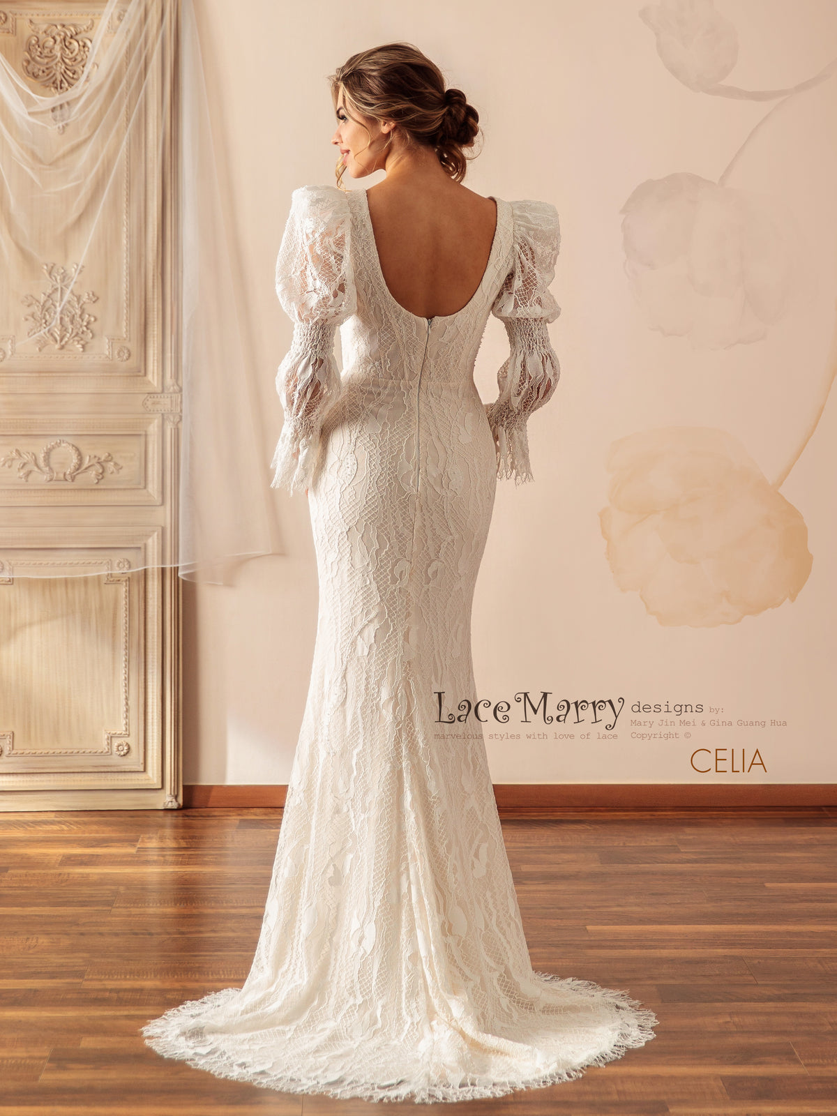 CELIA / Unique Lace Wedding Dress with Long Puff Sleeves