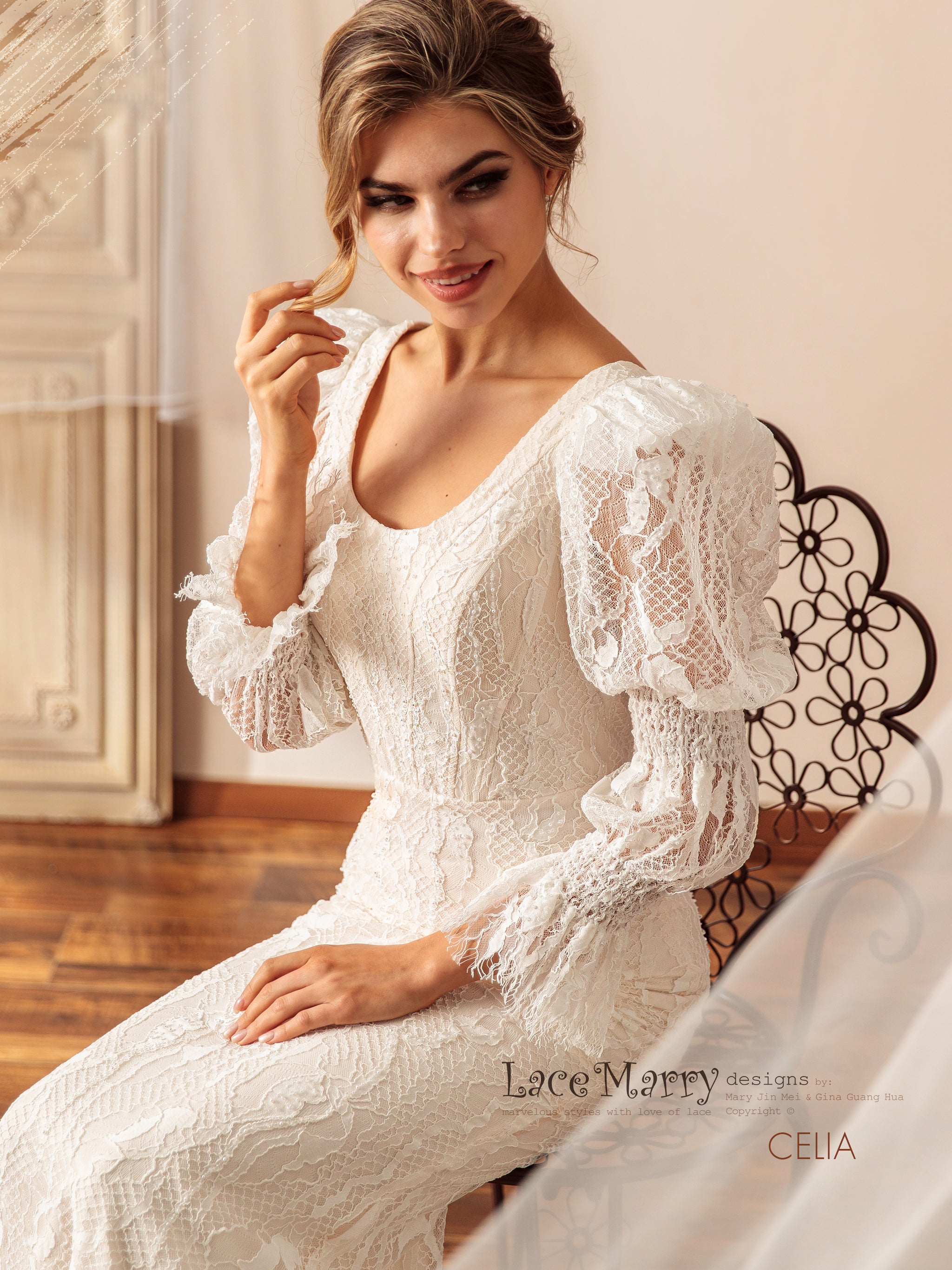 CELIA / Unique Lace Wedding Dress with Long Puff Sleeves - LaceMarry CELIA / Unique Lace Wedding Dress with Long Puff Sleeves - LaceMarry