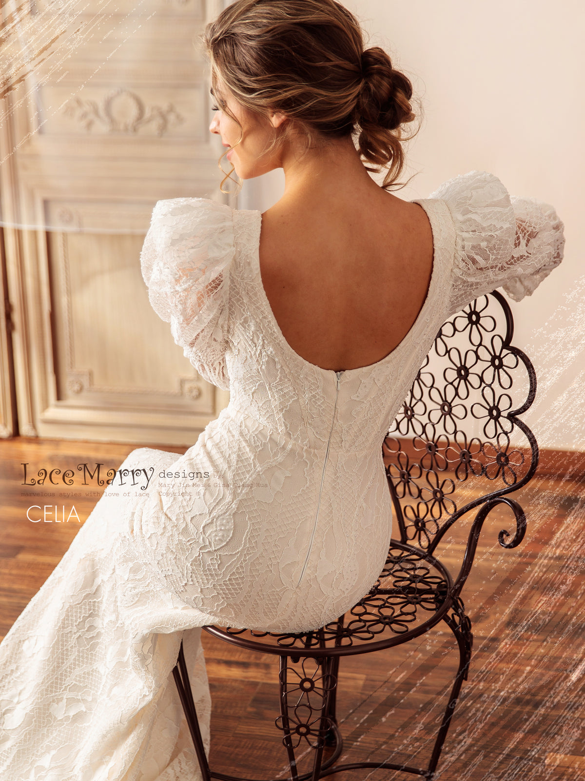 CELIA / Unique Lace Wedding Dress with Long Puff Sleeves