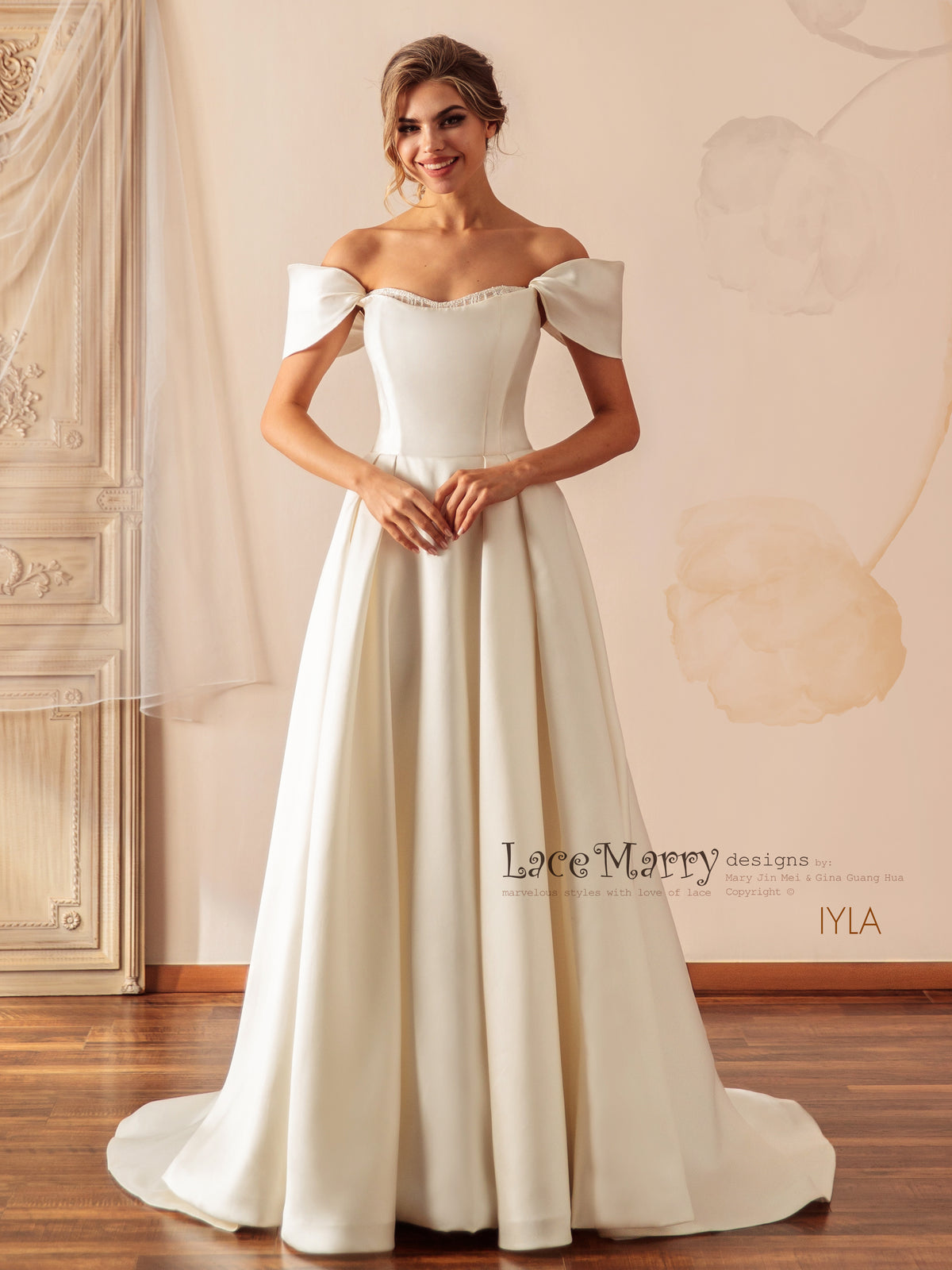 IYLA / Off Shoulder Wedding Dress with A Line Skirt and Inner Corset