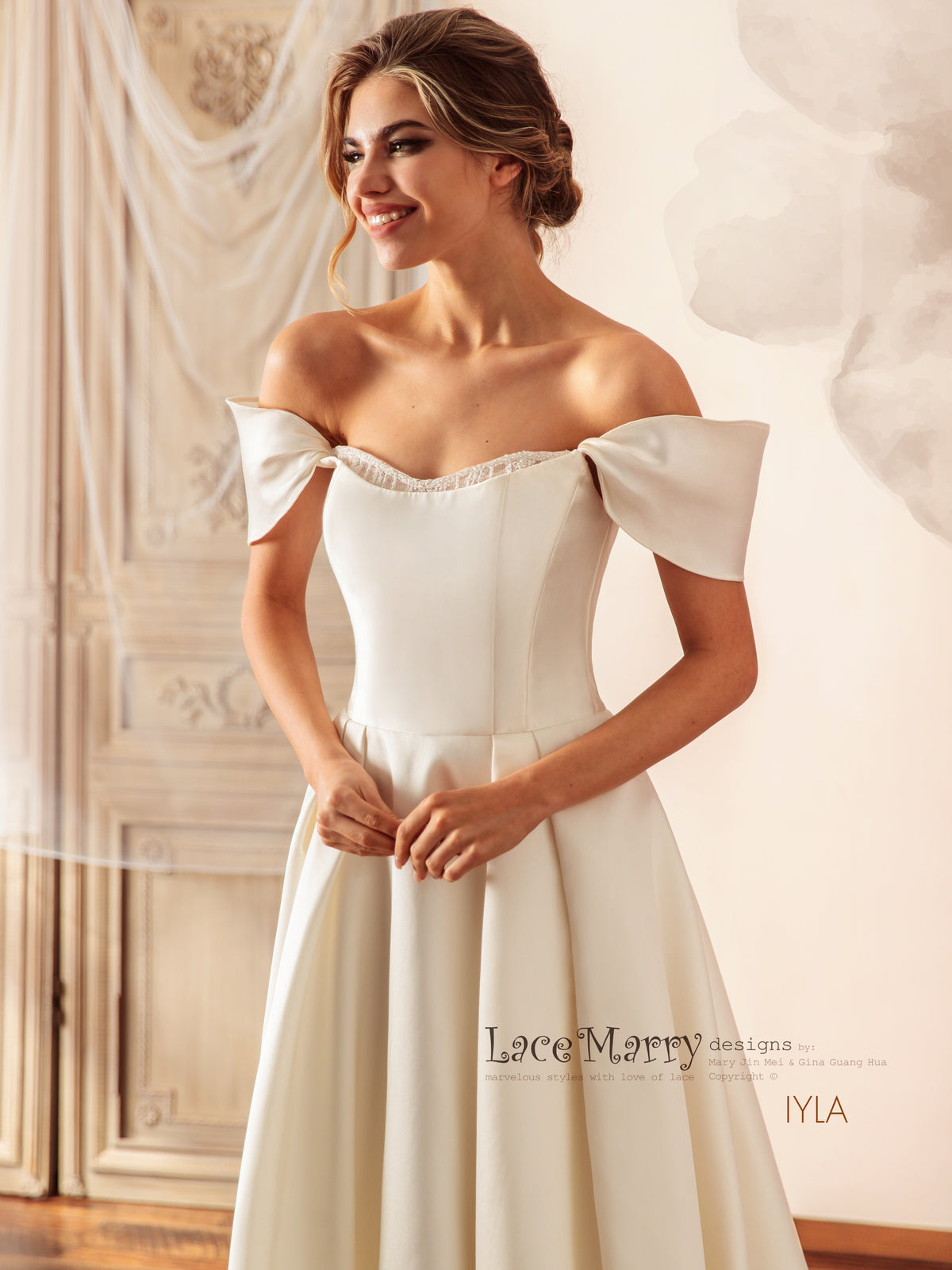 IYLA / Off Shoulder Wedding Dress with A Line Skirt and Inner Corset