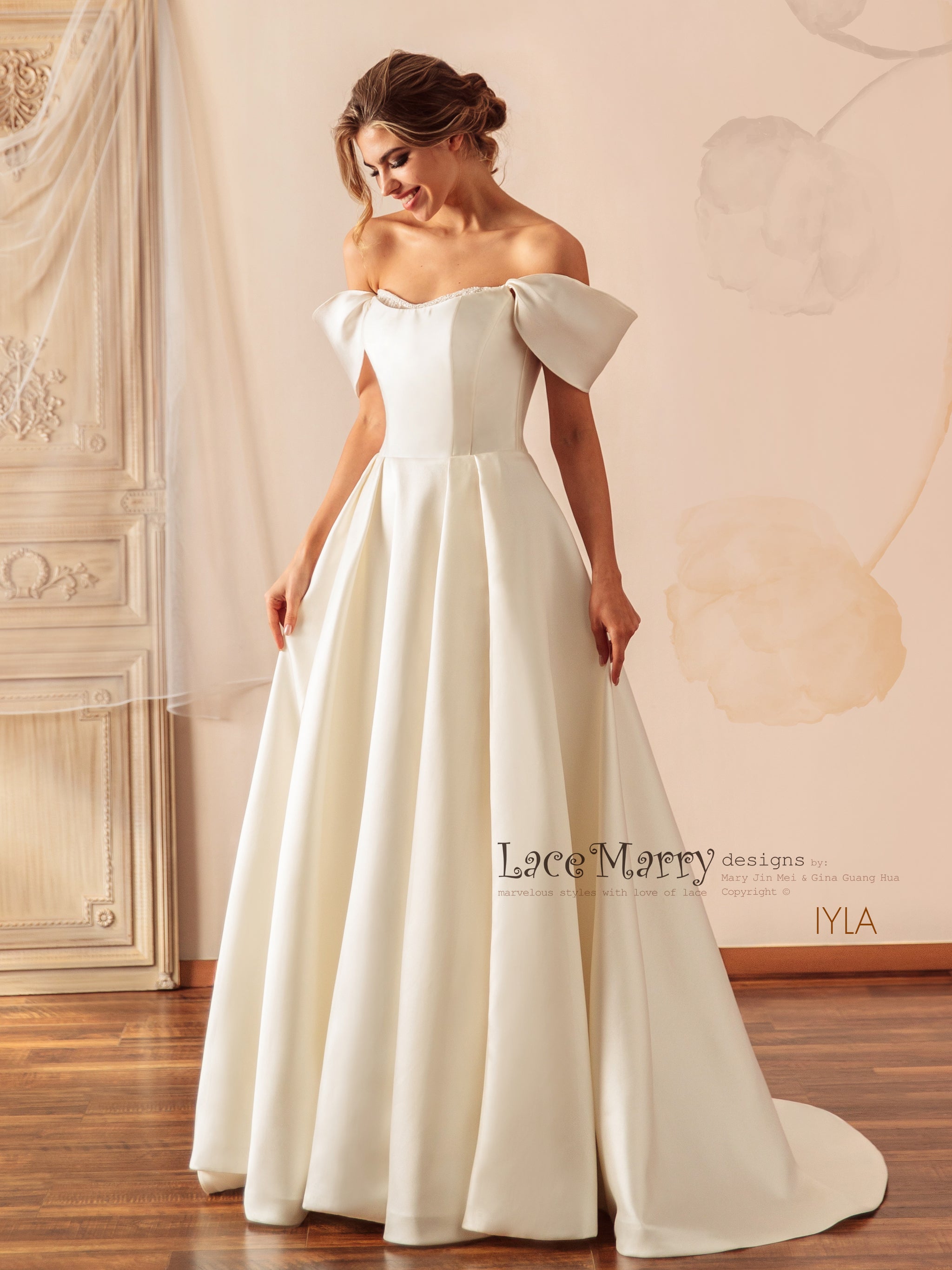 IYLA / Off Shoulder Wedding Dress with A Line Skirt and Inner Corset - LaceMarry IYLA / Off Shoulder Wedding Dress with A Line Skirt and Inner Corset - LaceMarry