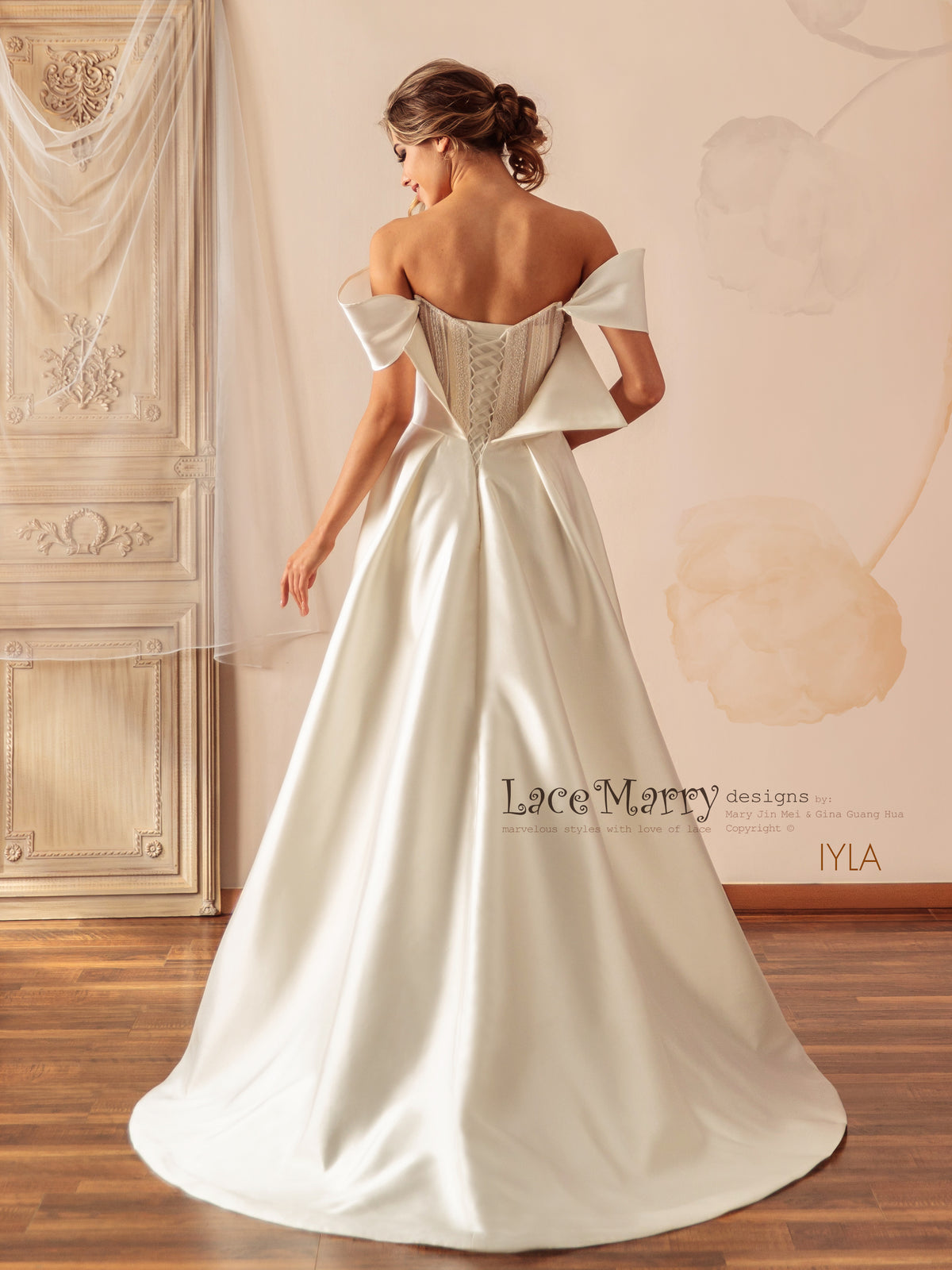 IYLA / Off Shoulder Wedding Dress with A Line Skirt and Inner Corset