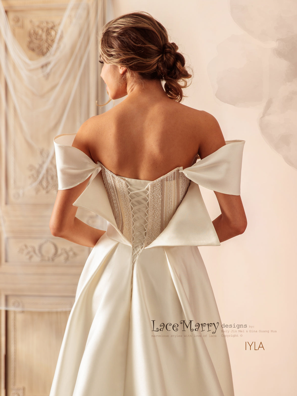 IYLA / Off Shoulder Wedding Dress with A Line Skirt and Inner Corset
