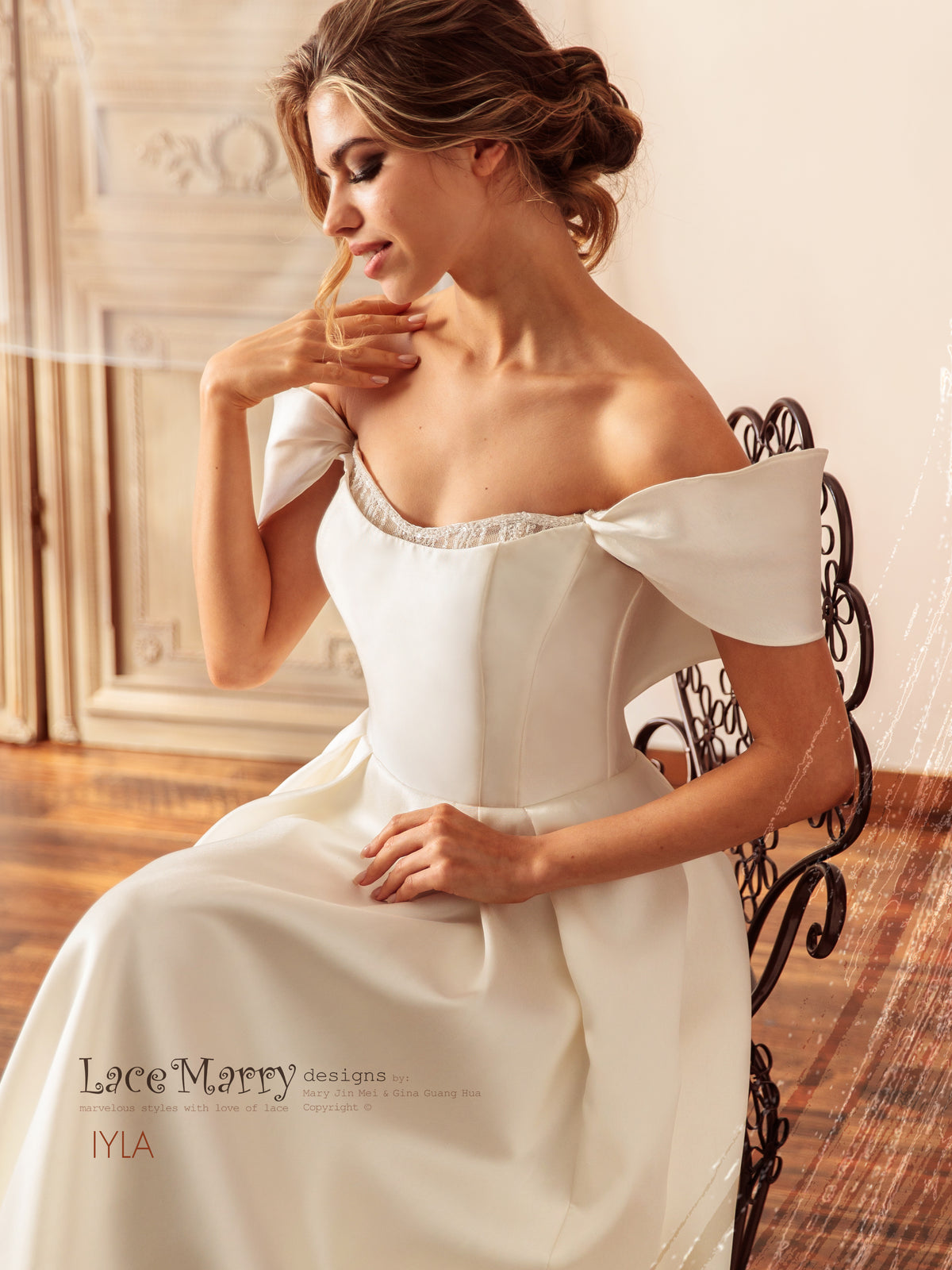 IYLA / Off Shoulder Wedding Dress with A Line Skirt and Inner Corset