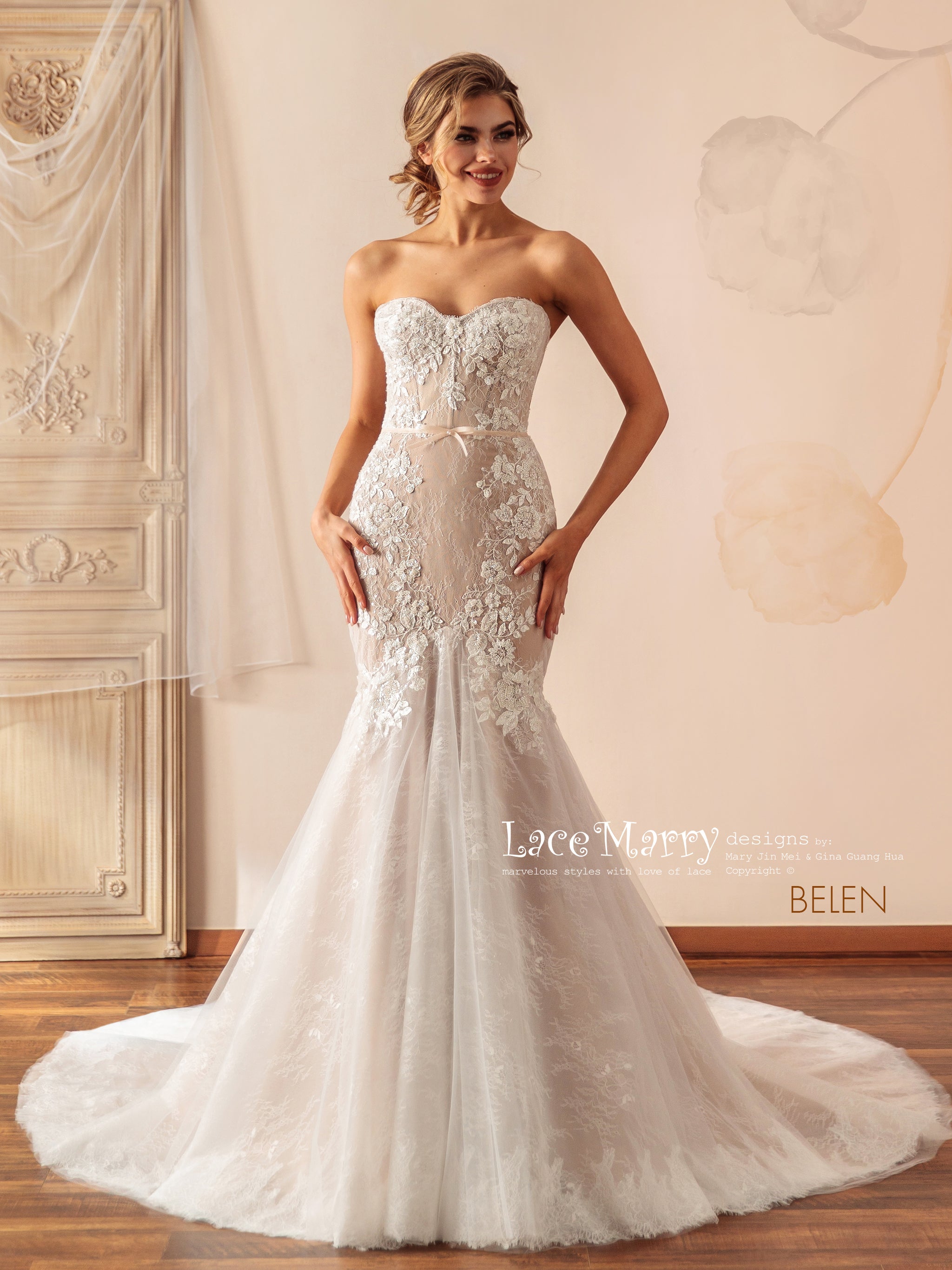 BELEN / Mermaid Wedding Dress with Removable Sleeves - LaceMarry