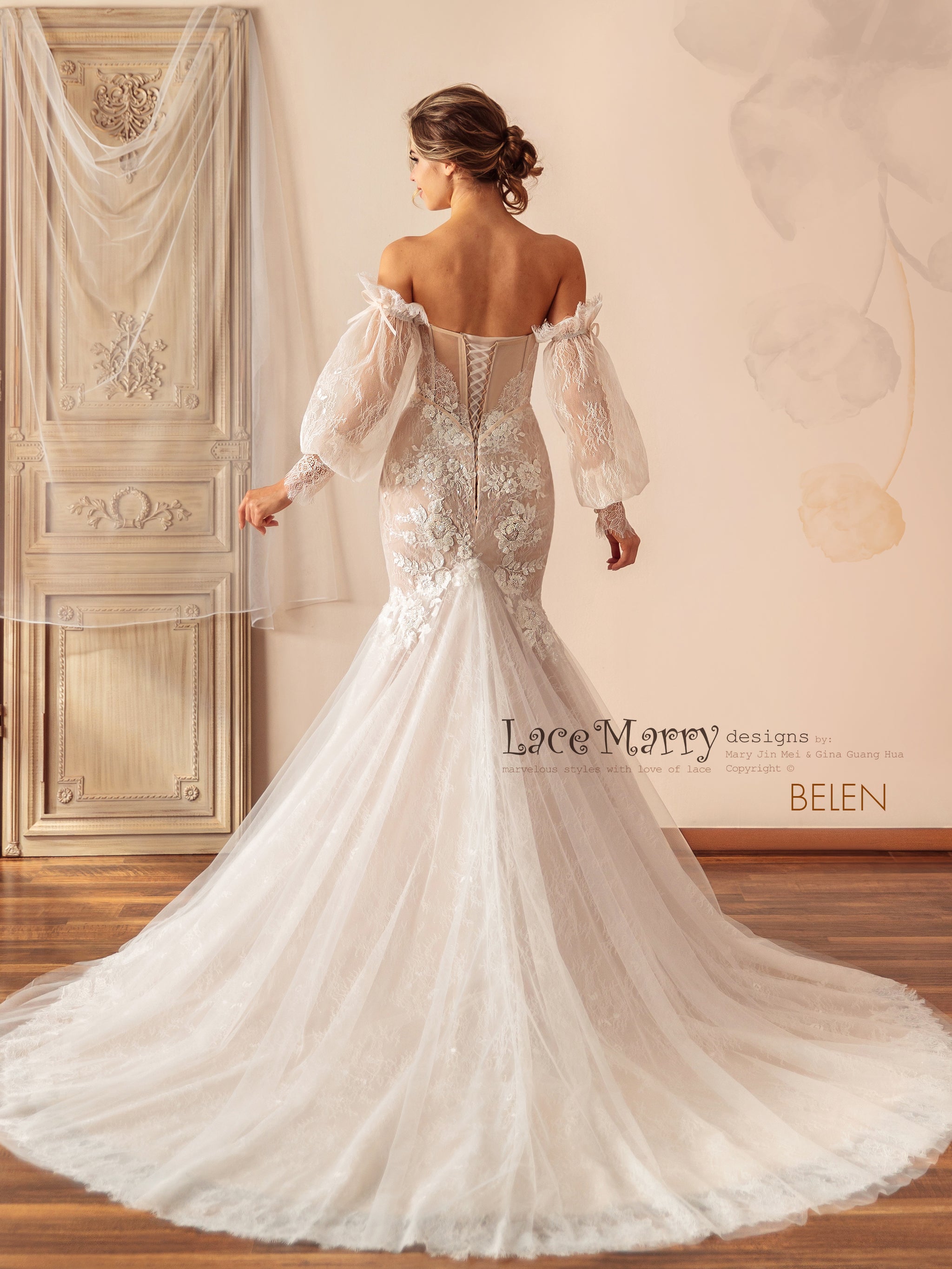 BELEN / Mermaid Wedding Dress with Removable Sleeves - LaceMarry