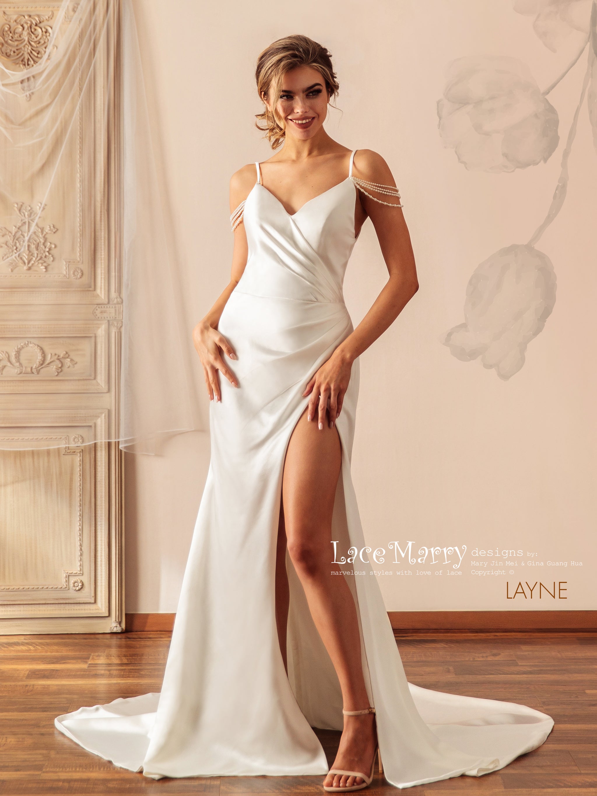 Satin and 3D Flower Lace Sexy Slit Bridal Dress - Lunss