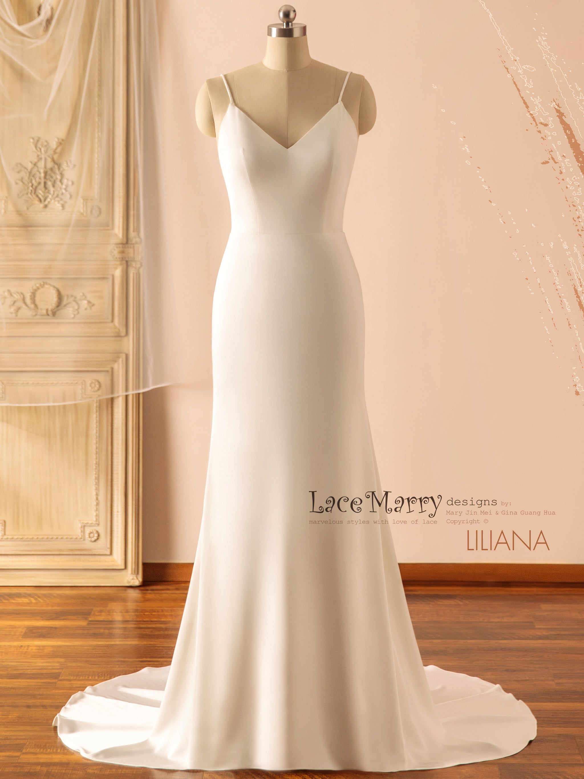 LILIANA / V Neck Plain Wedding Dress with Removable Lace Cape Train