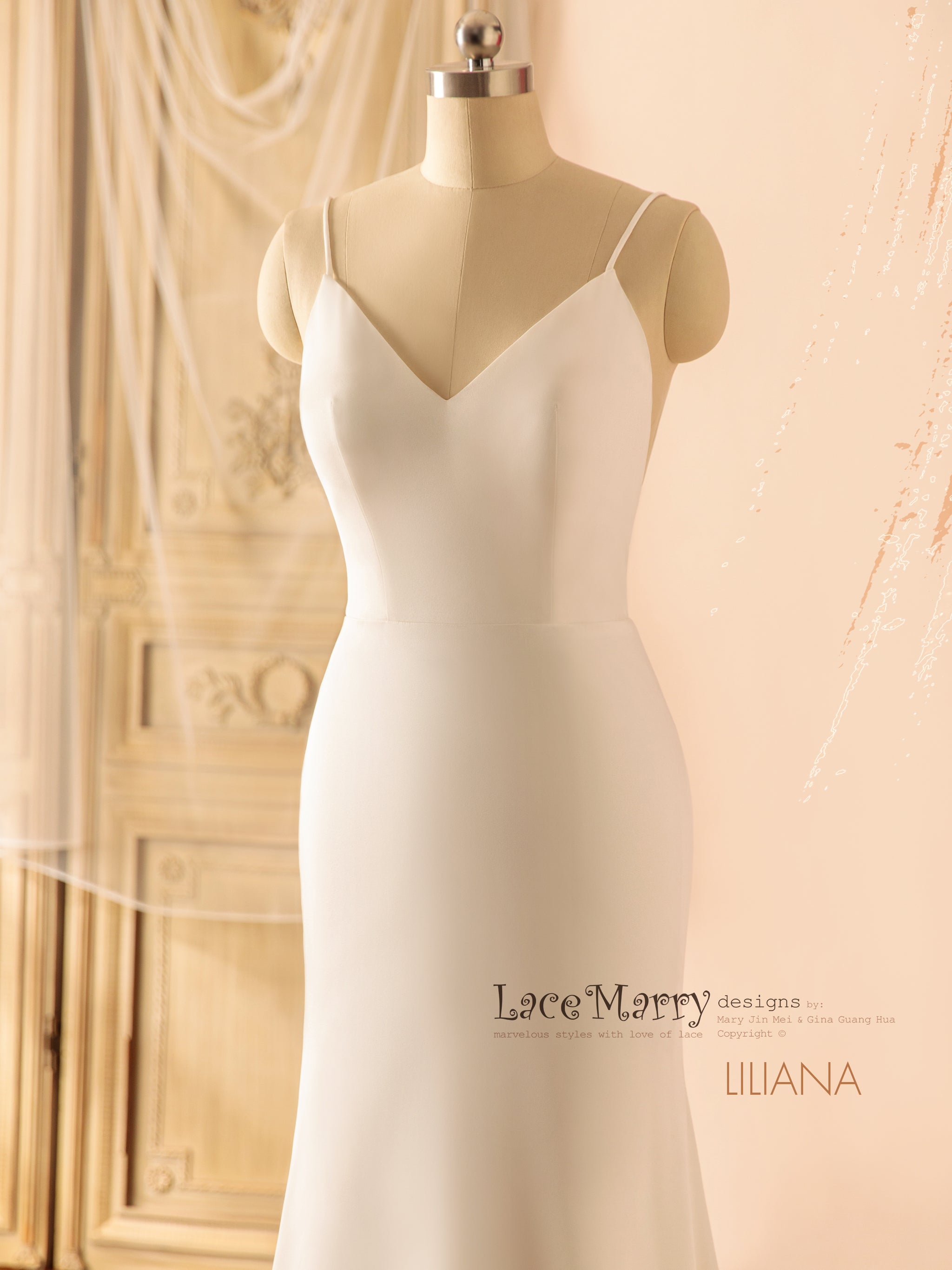 LILIANA / V Neck Plain Wedding Dress with Removable Lace Cape Train - LaceMarry LILIANA / V Neck Plain Wedding Dress with Removable Lace Cape Train - LaceMarry