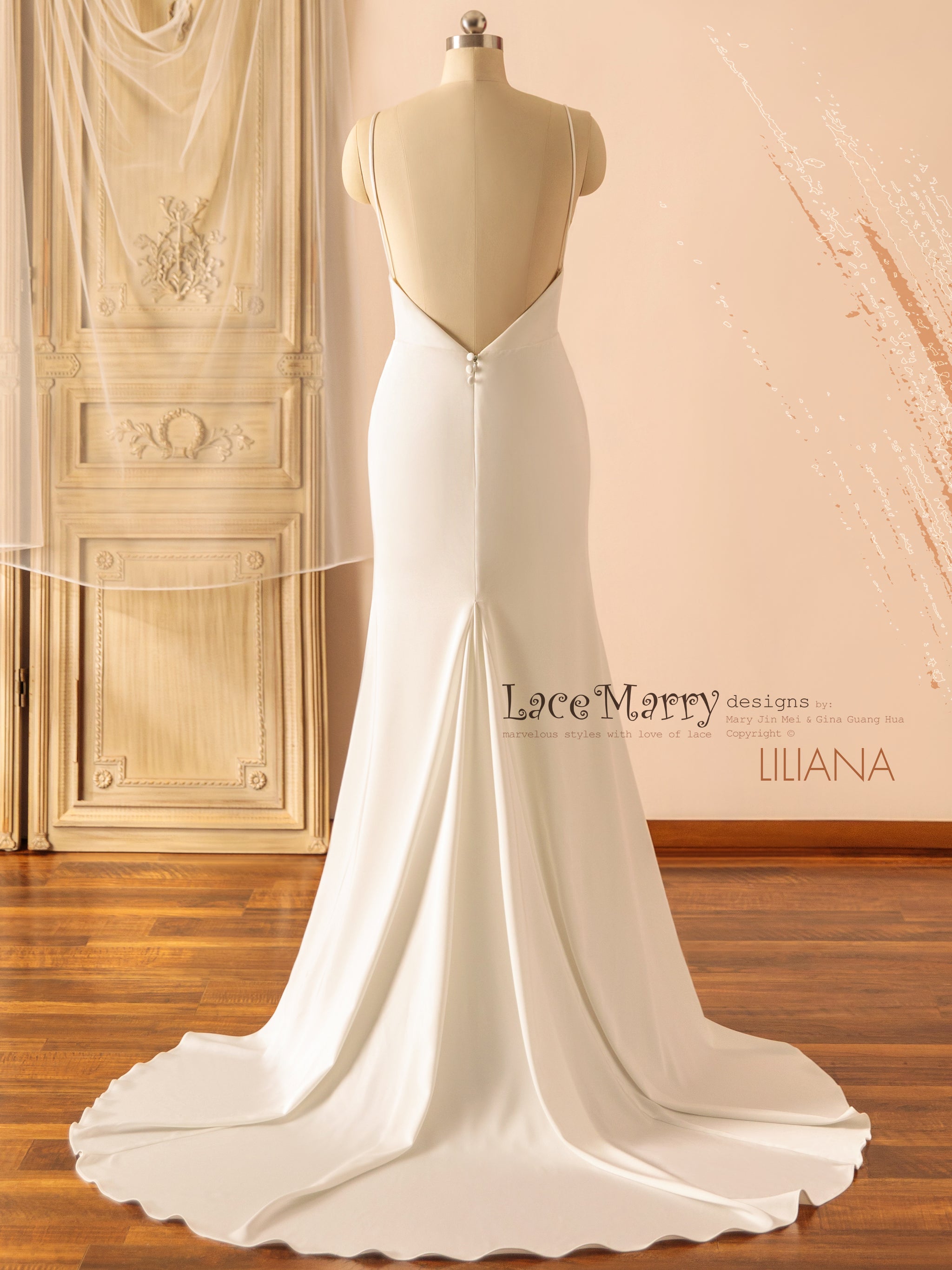 LILIANA / V Neck Plain Wedding Dress with Removable Lace Cape Train - LaceMarry LILIANA / V Neck Plain Wedding Dress with Removable Lace Cape Train - LaceMarry