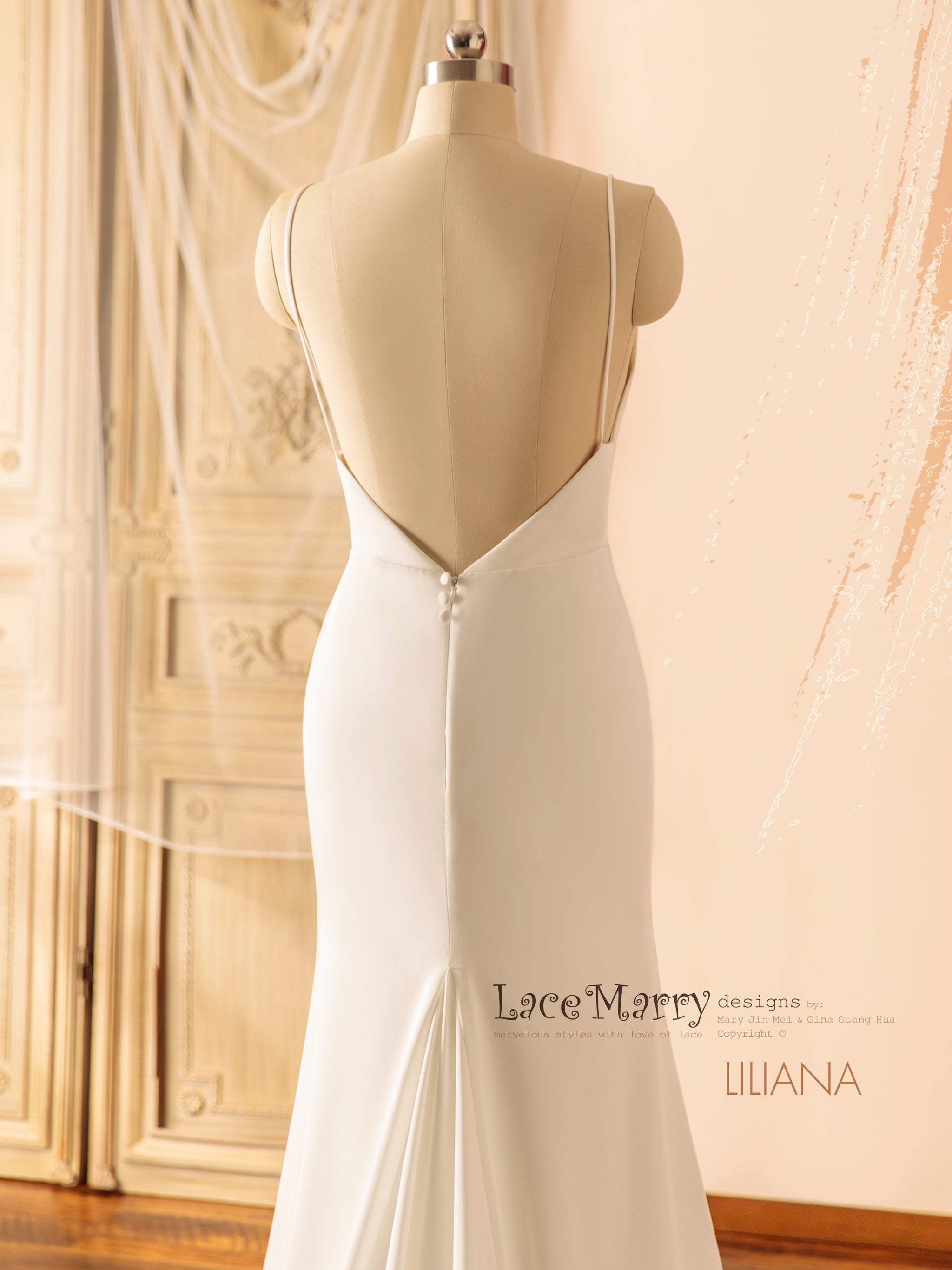LILIANA / V Neck Plain Wedding Dress with Removable Lace Cape Train - LaceMarry LILIANA / V Neck Plain Wedding Dress with Removable Lace Cape Train - LaceMarry