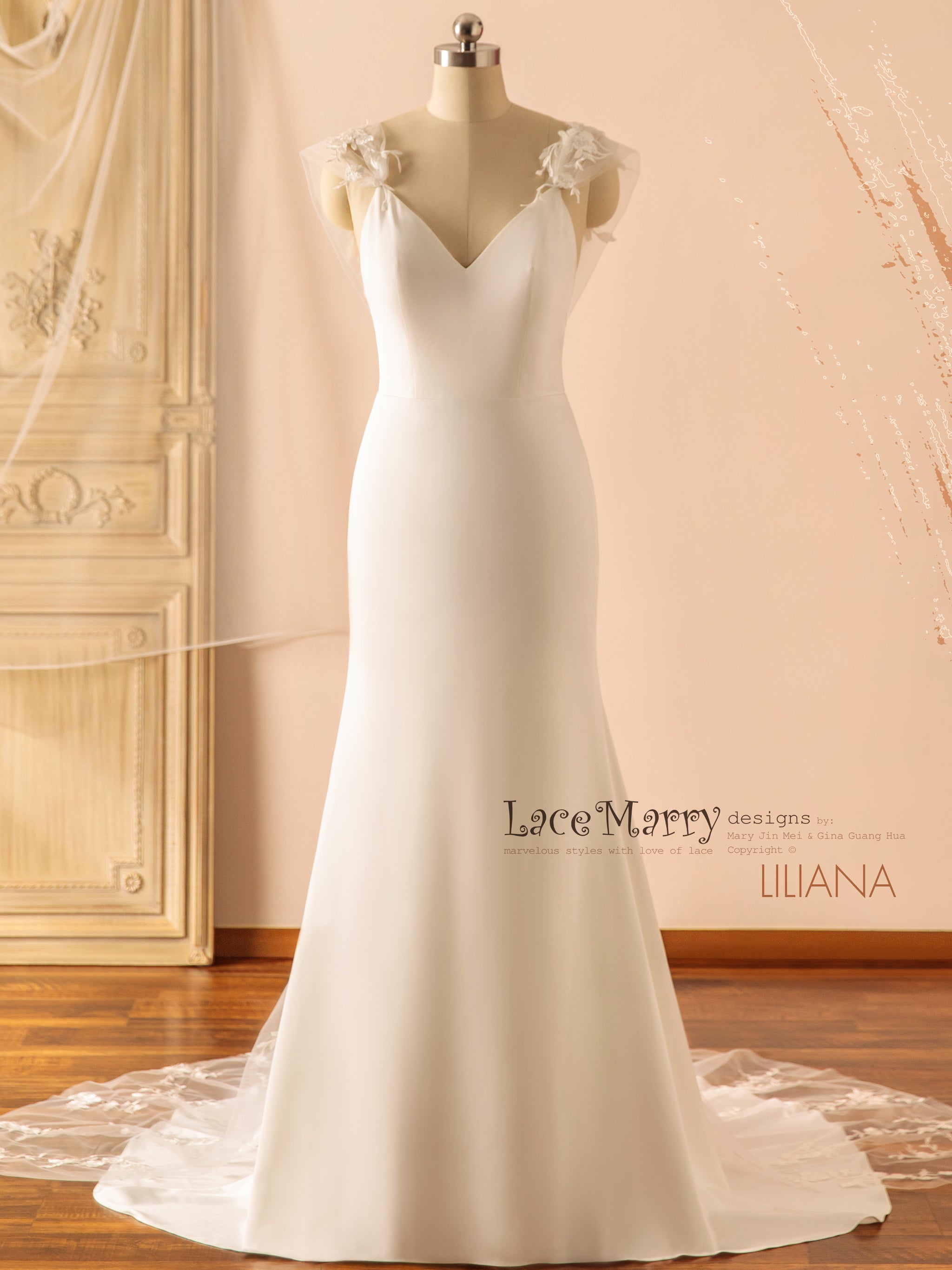 LILIANA / V Neck Plain Wedding Dress with Removable Lace Cape Train - LaceMarry LILIANA / V Neck Plain Wedding Dress with Removable Lace Cape Train - LaceMarry