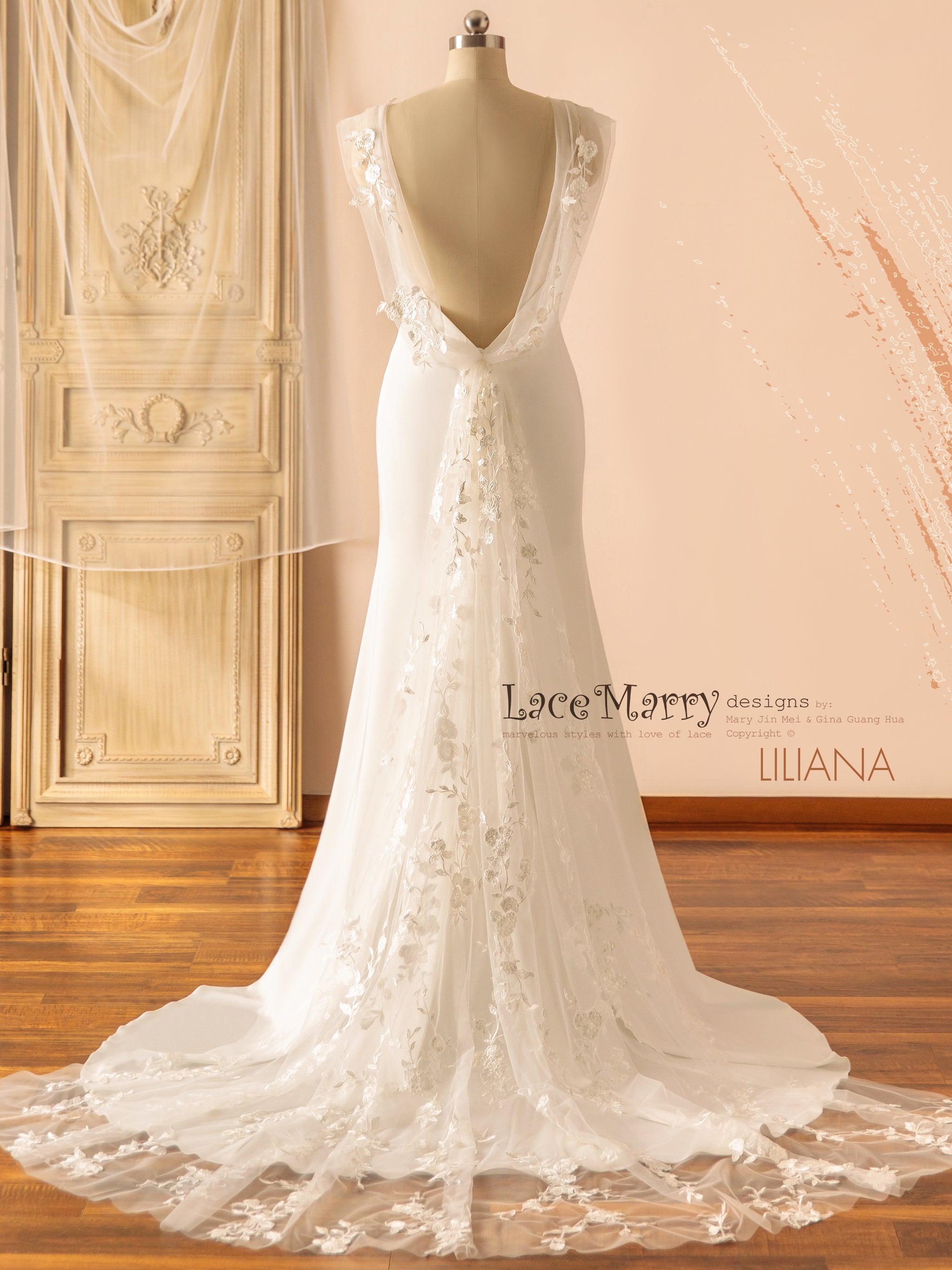 LILIANA / V Neck Plain Wedding Dress with Removable Lace Cape Train - LaceMarry LILIANA / V Neck Plain Wedding Dress with Removable Lace Cape Train - LaceMarry