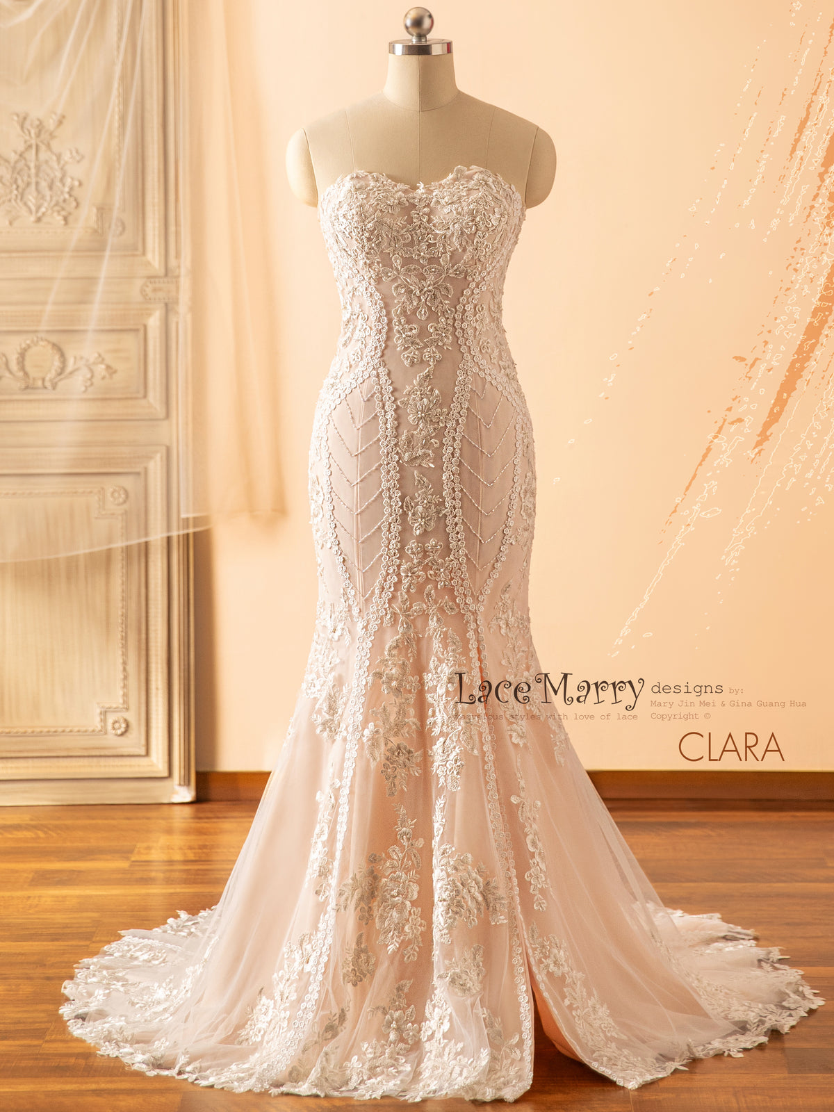 CLARA / Fitted Blush Wedding Dress with Removable Sleeves