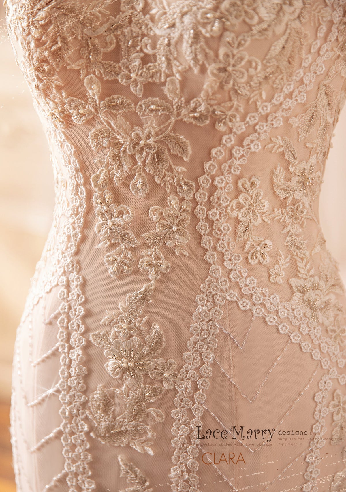 CLARA / Blush Wedding Dress with Removable Sleeves - LaceMarry CLARA / Blush Wedding Dress with Removable Sleeves - LaceMarry
