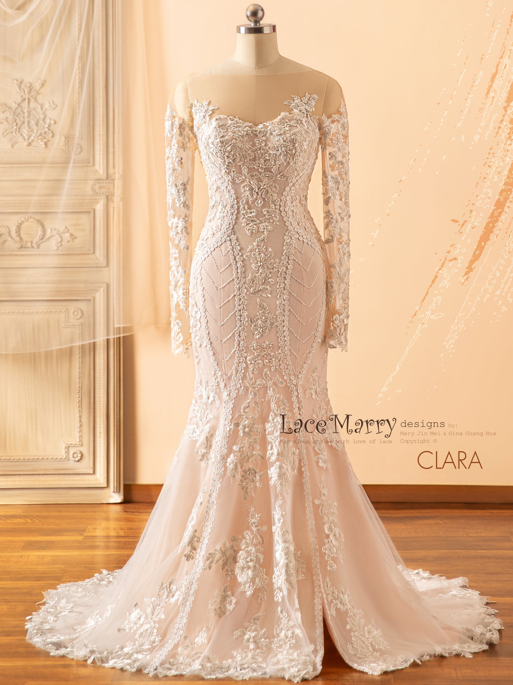 CLARA / Fitted Blush Wedding Dress with Removable Sleeves - LaceMarry CLARA / Fitted Blush Wedding Dress with Removable Sleeves - LaceMarry