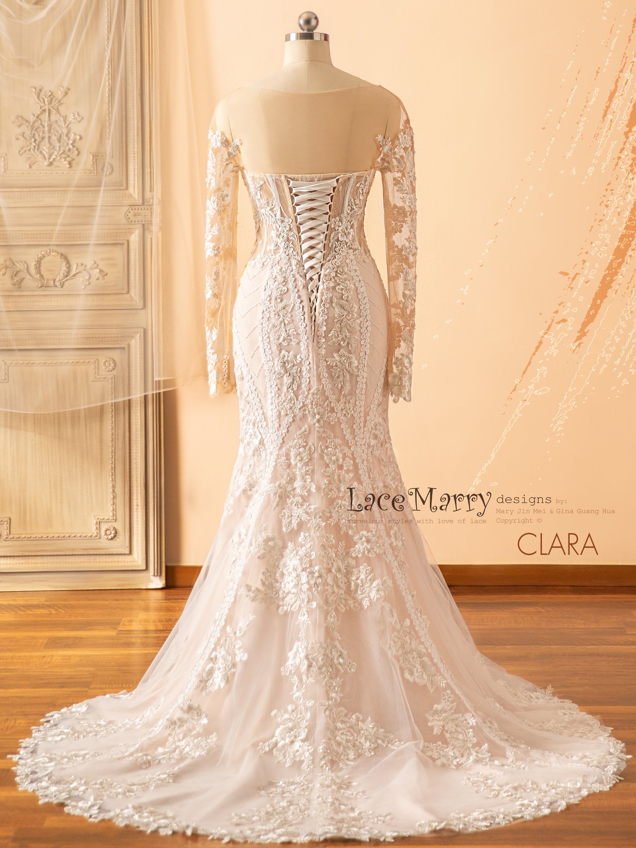 CLARA / Fitted Blush Wedding Dress with Removable Sleeves - LaceMarry CLARA / Fitted Blush Wedding Dress with Removable Sleeves - LaceMarry
