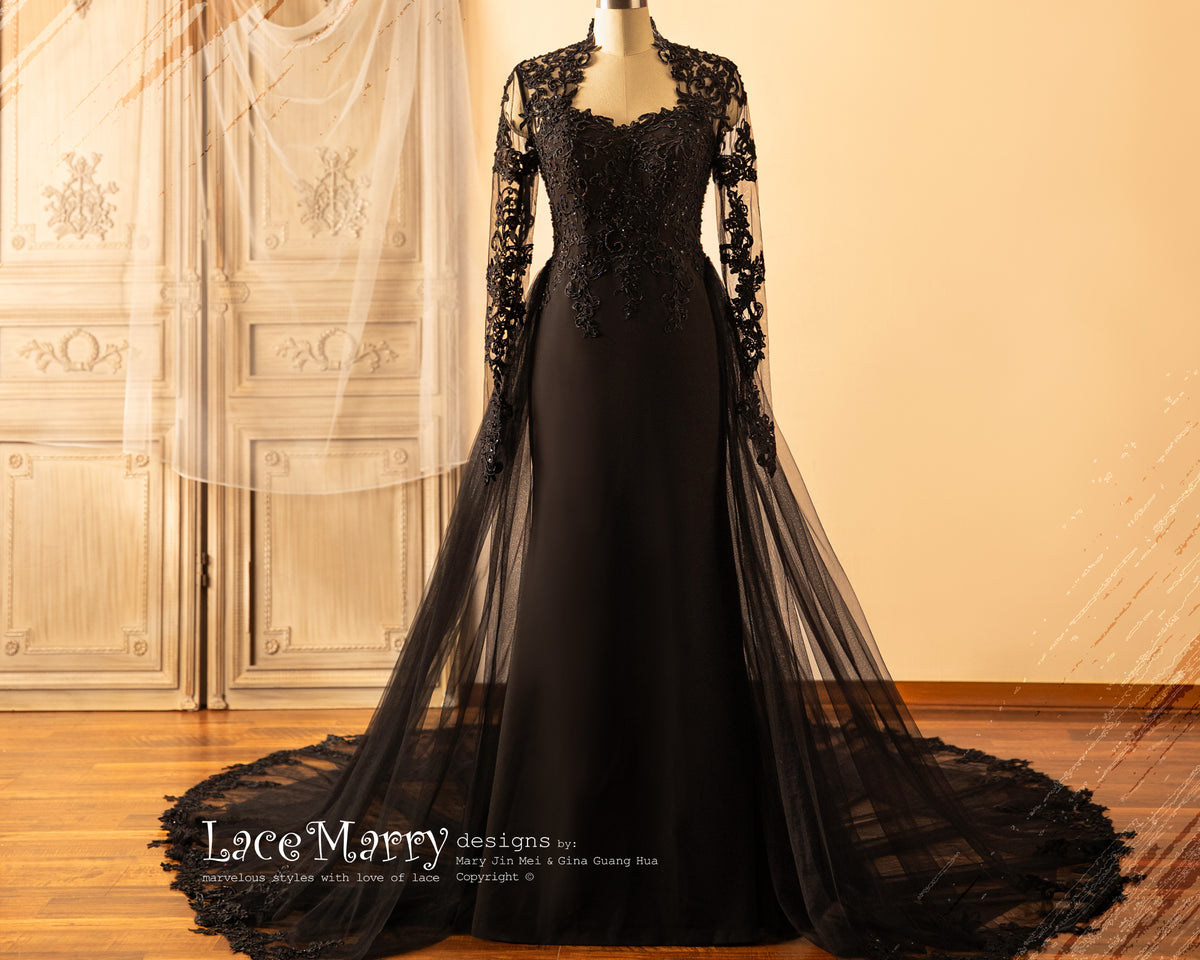CLAIRE / Elegant Black Wedding Dress with Removable Tulle Train - LaceMarry CLAIRE / Elegant Black Wedding Dress with Removable Tulle Train - LaceMarry