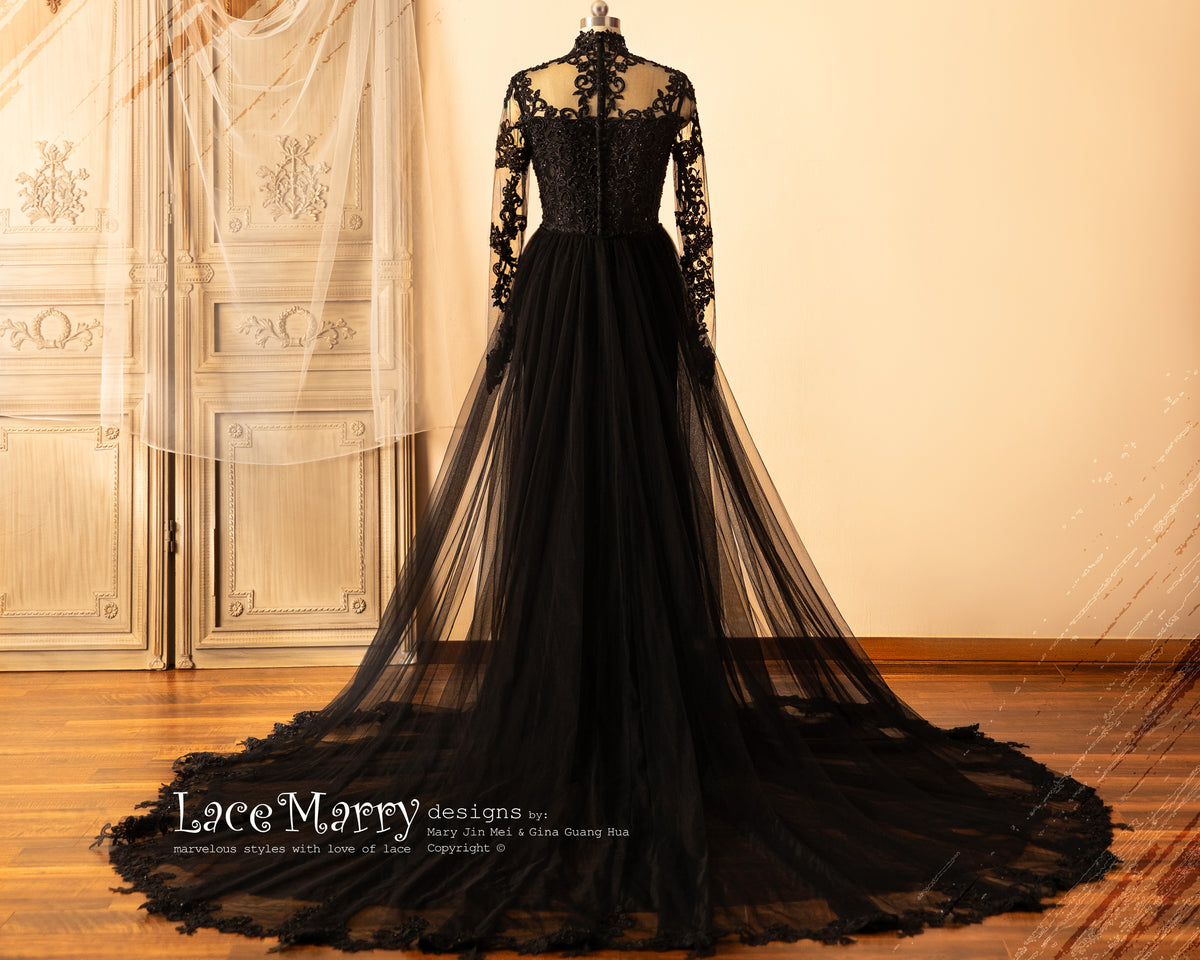 CLAIRE / Elegant Black Wedding Dress with Removable Tulle Train
