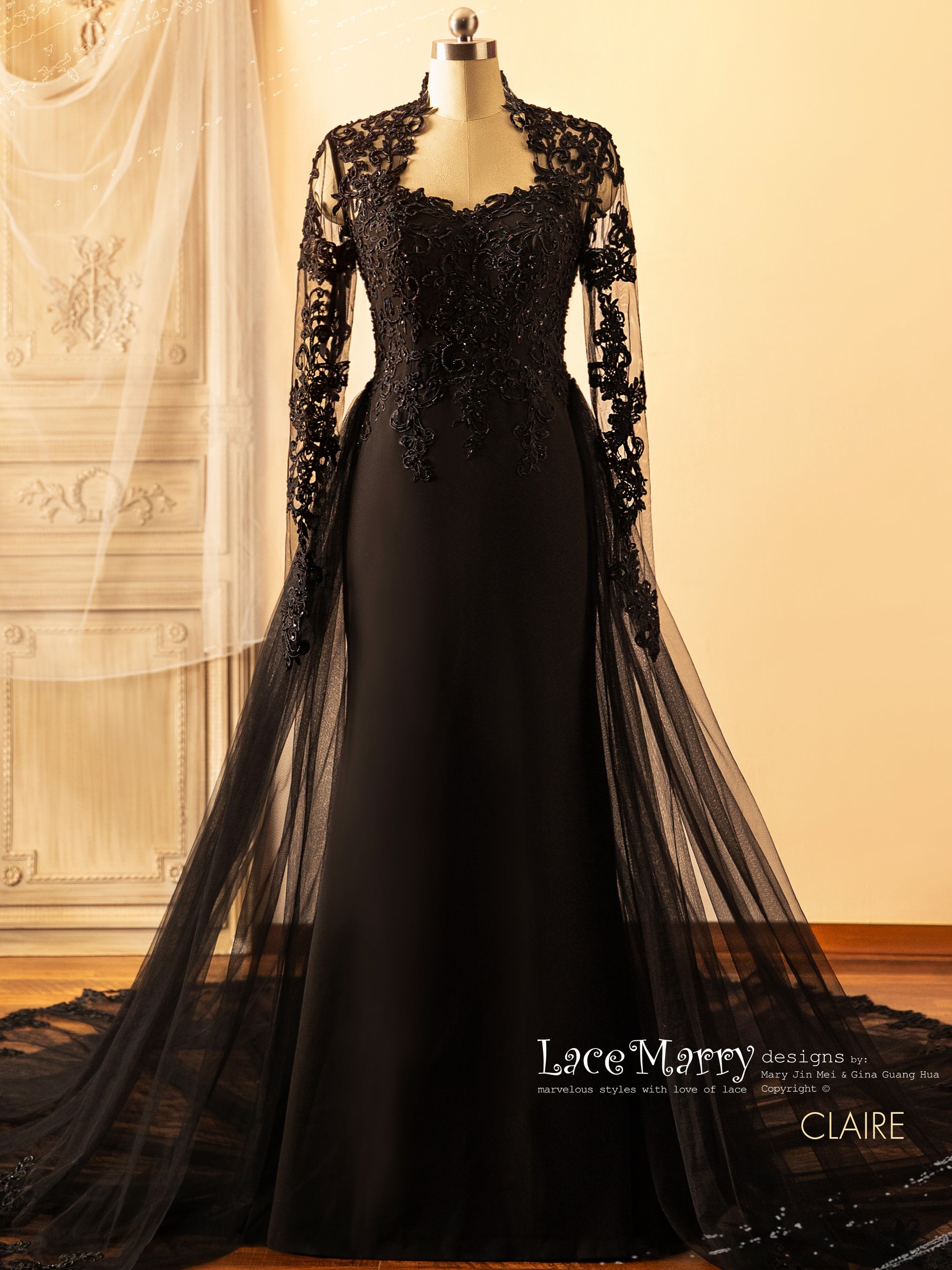 CLAIRE / Black Wedding Dress with Queen Anne Neckline - LaceMarry CLAIRE / Black Wedding Dress with Queen Anne Neckline - LaceMarry