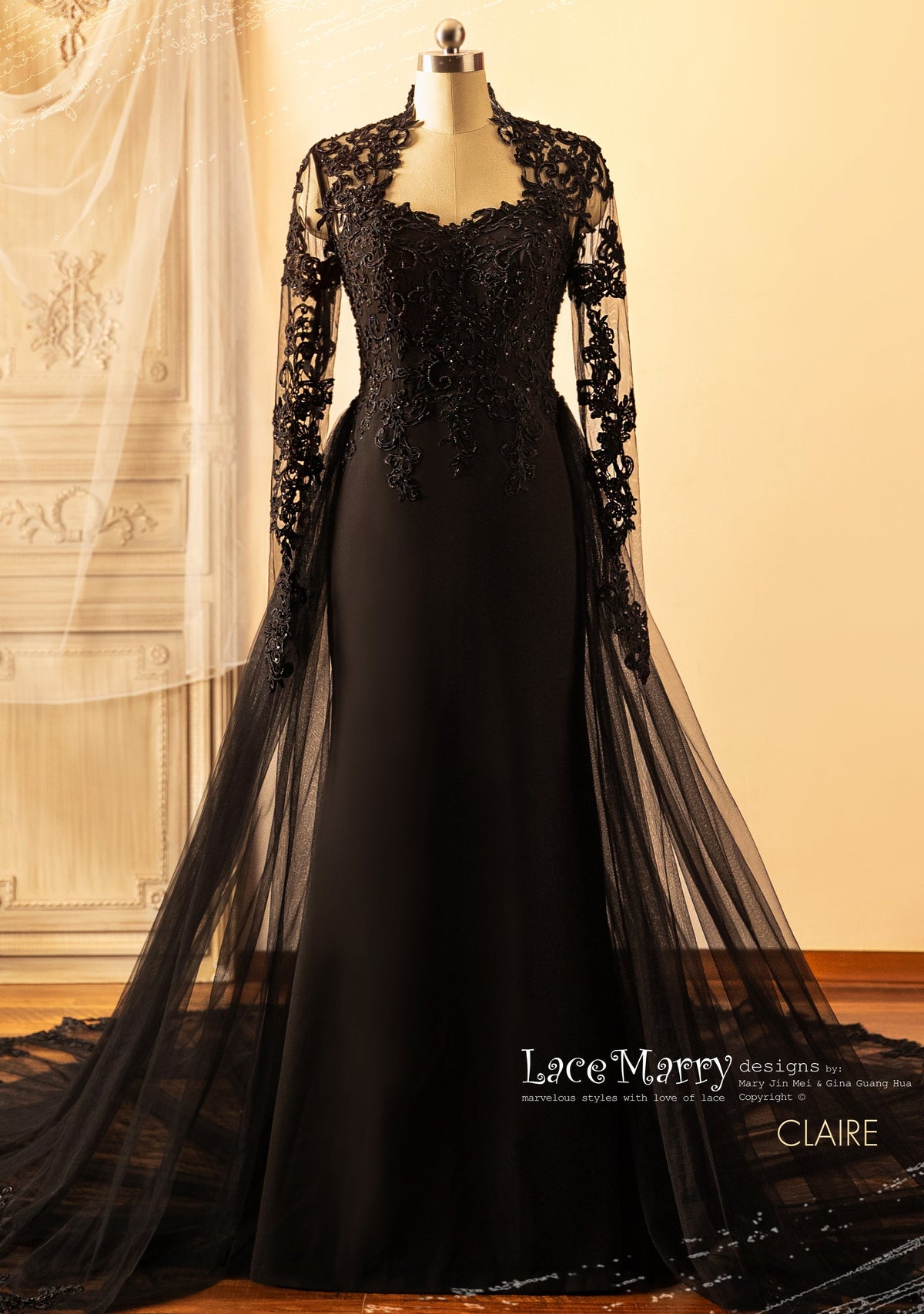 CLAIRE / Black Wedding Dress with Queen Anne Neckline